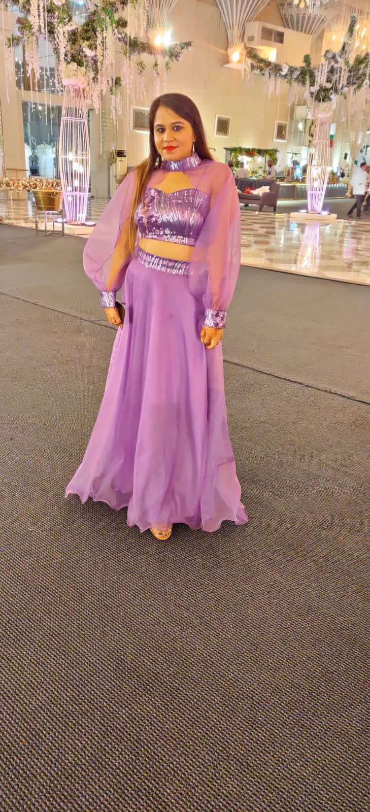 Sequins Choli with Organza Lehenga and Sleeves Cape