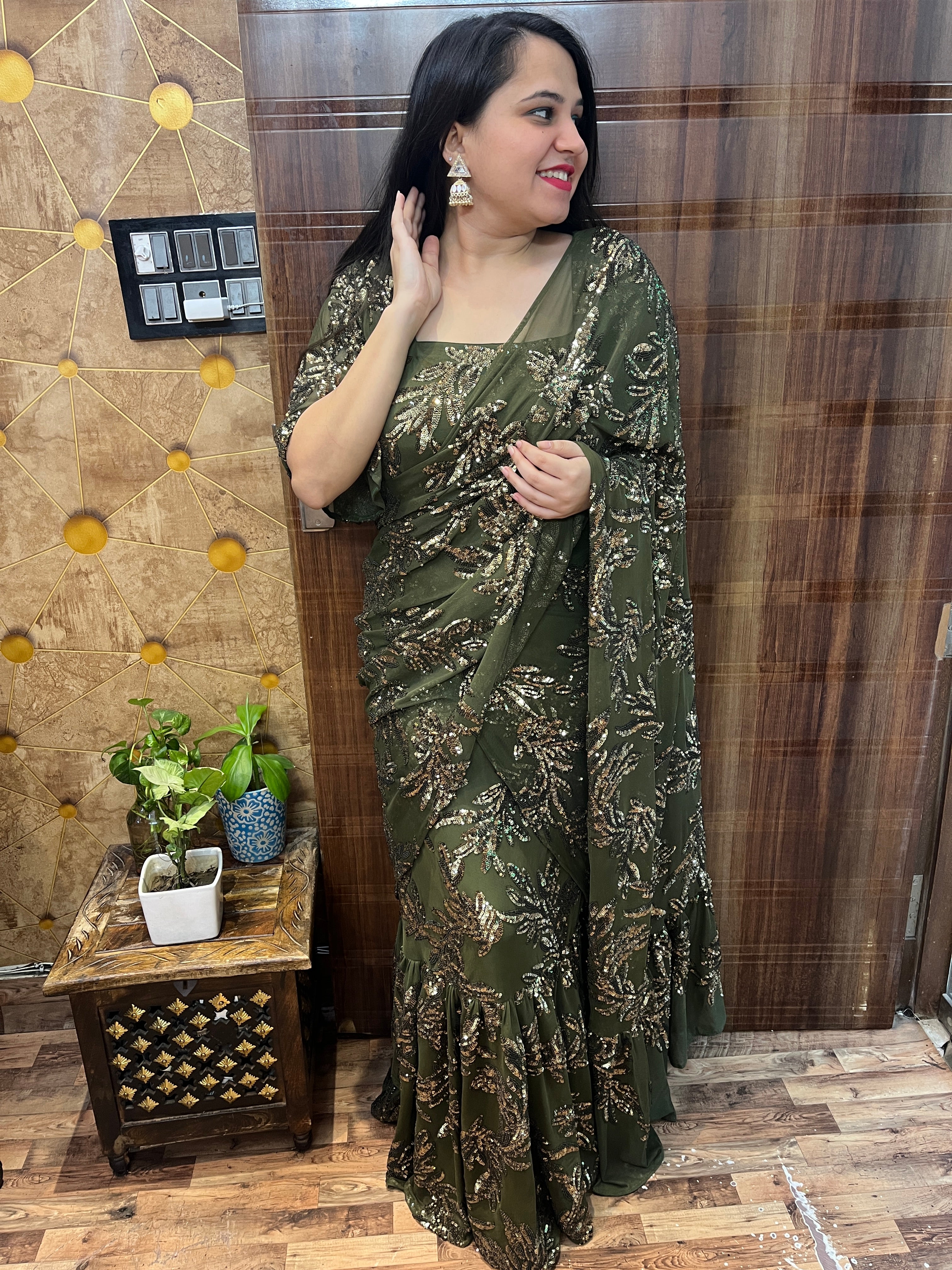 Olive Sequins Maxi Saree