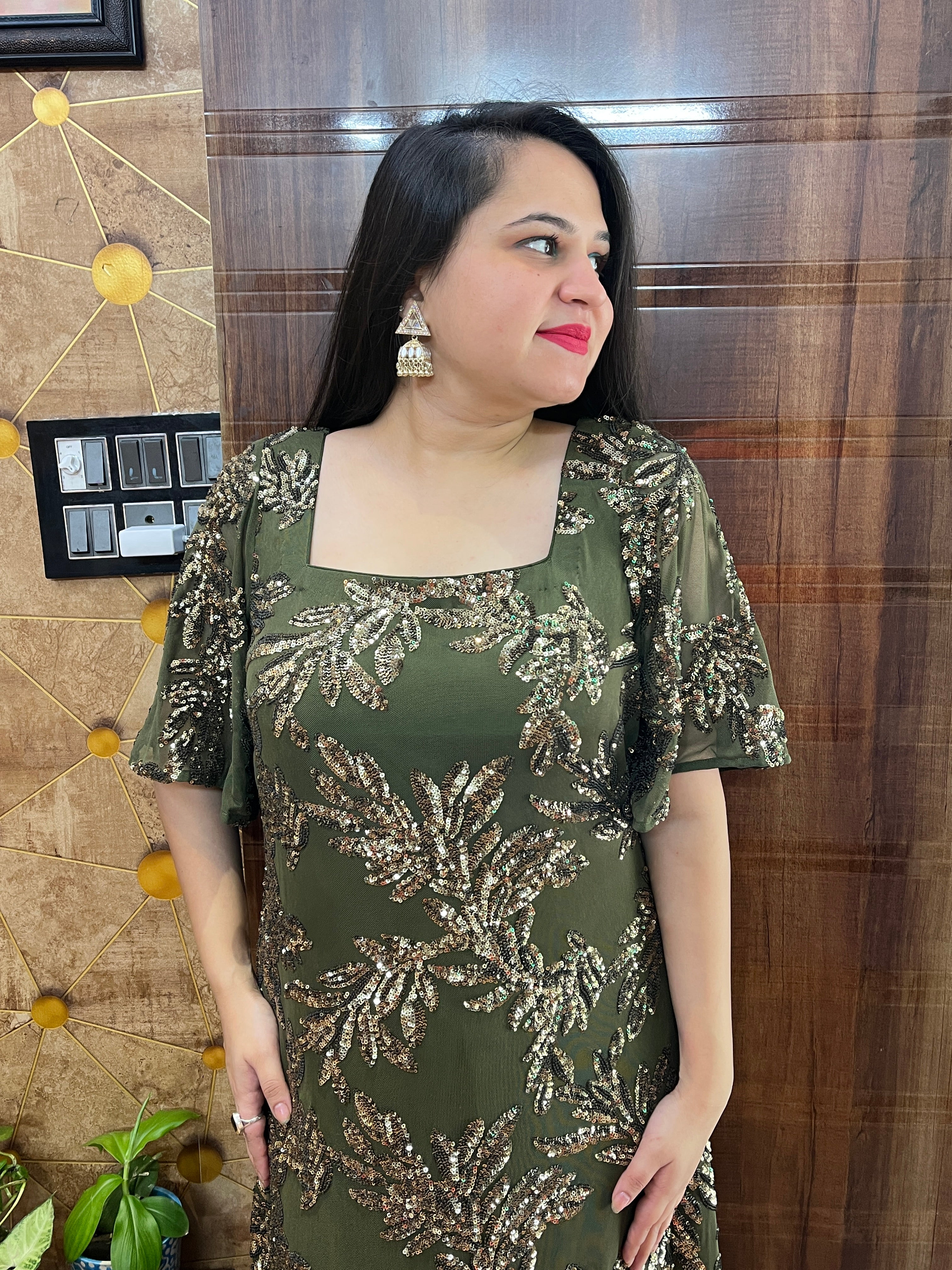 Olive Sequins Maxi Saree