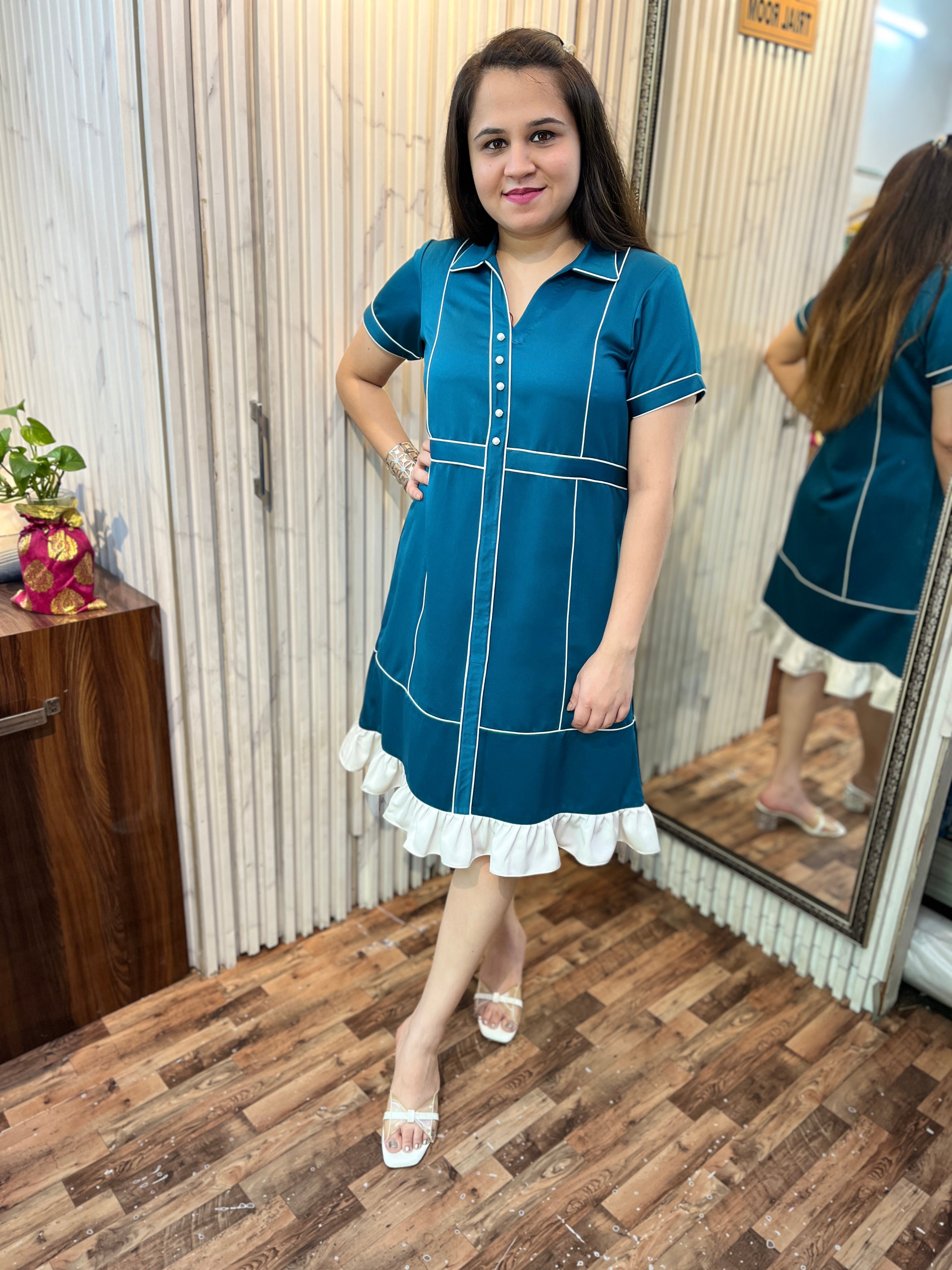 Teal White Frill Midi Dress