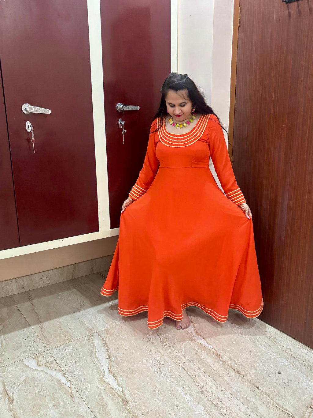 Orange Double Georgette Ethnic Maxi