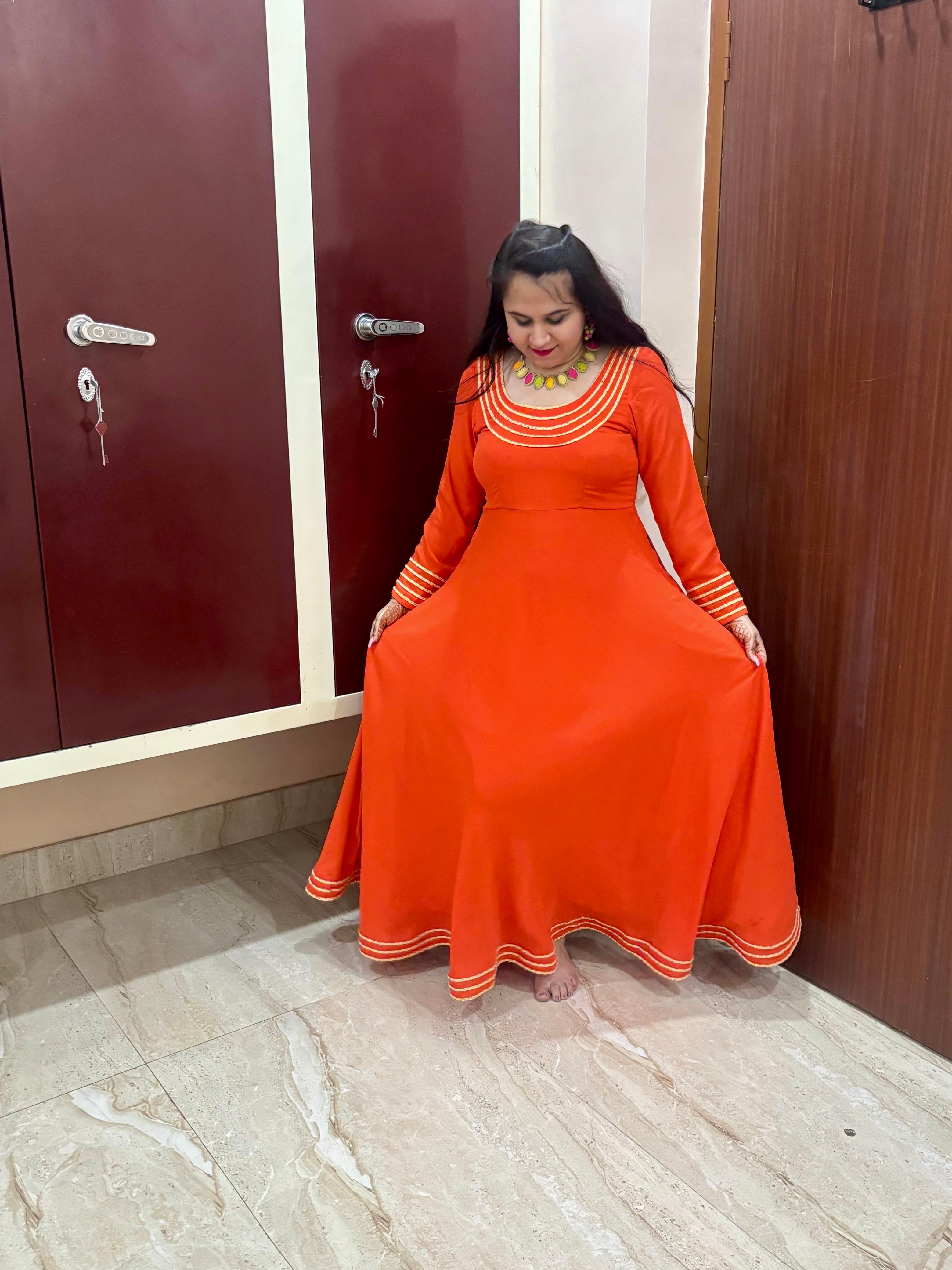 Orange Double Georgette Ethnic Maxi