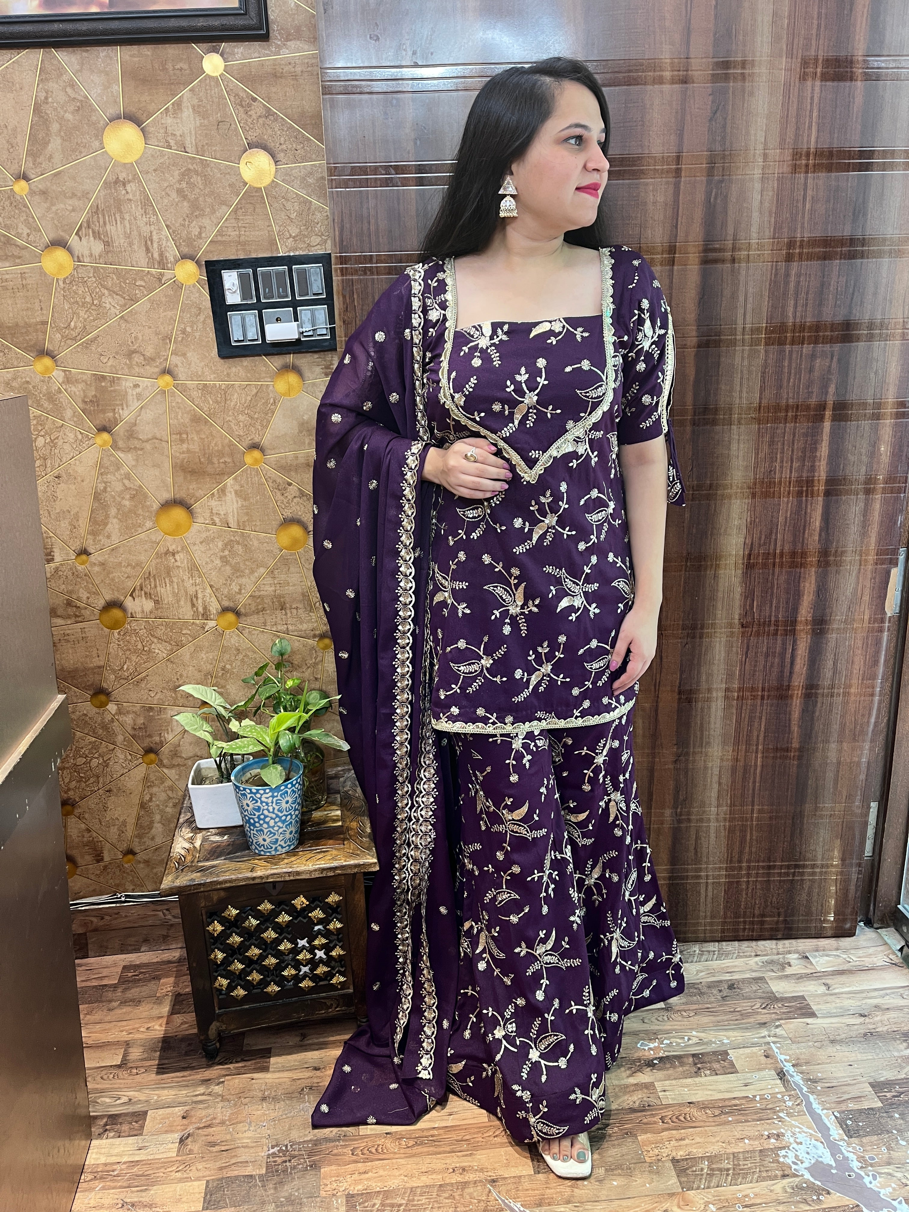 Phalsa Shimmer Georgette Embroidered Kali Sharara Suit