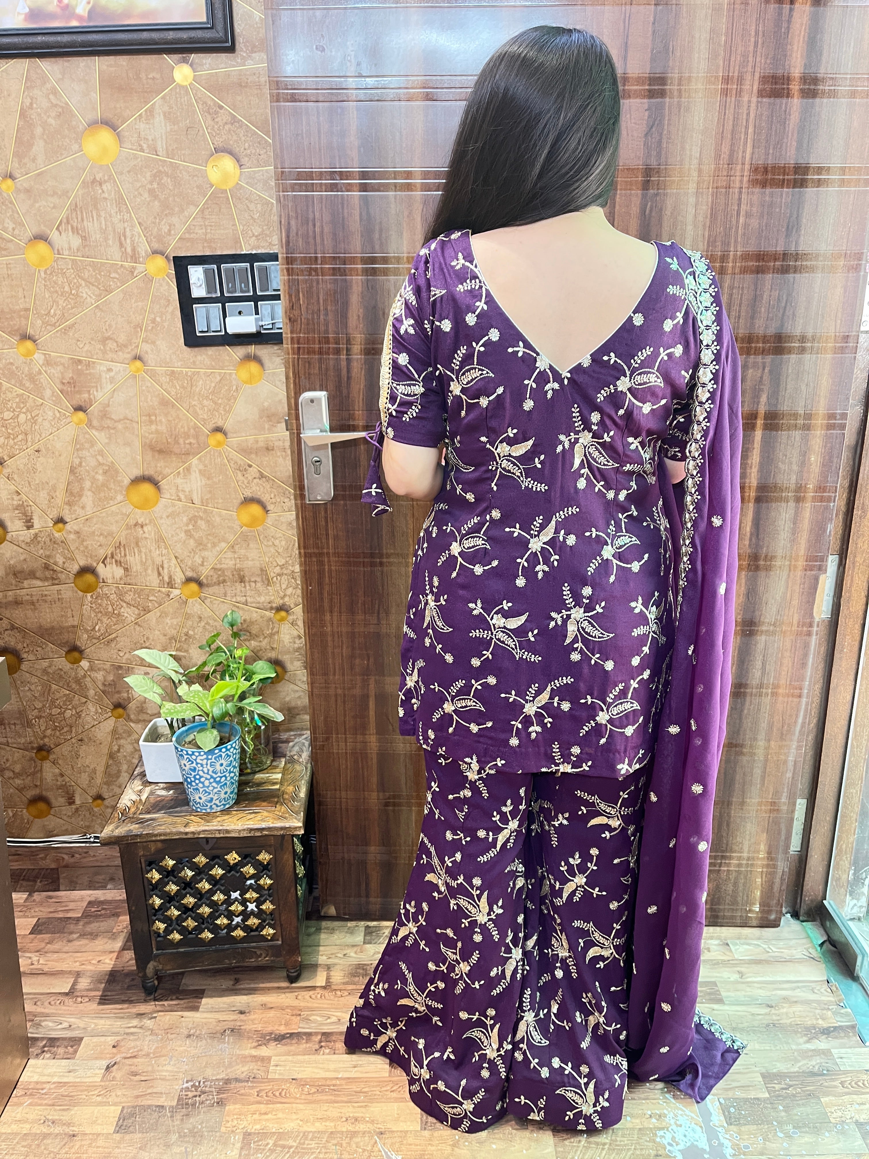 Phalsa Shimmer Georgette Embroidered Kali Sharara Suit