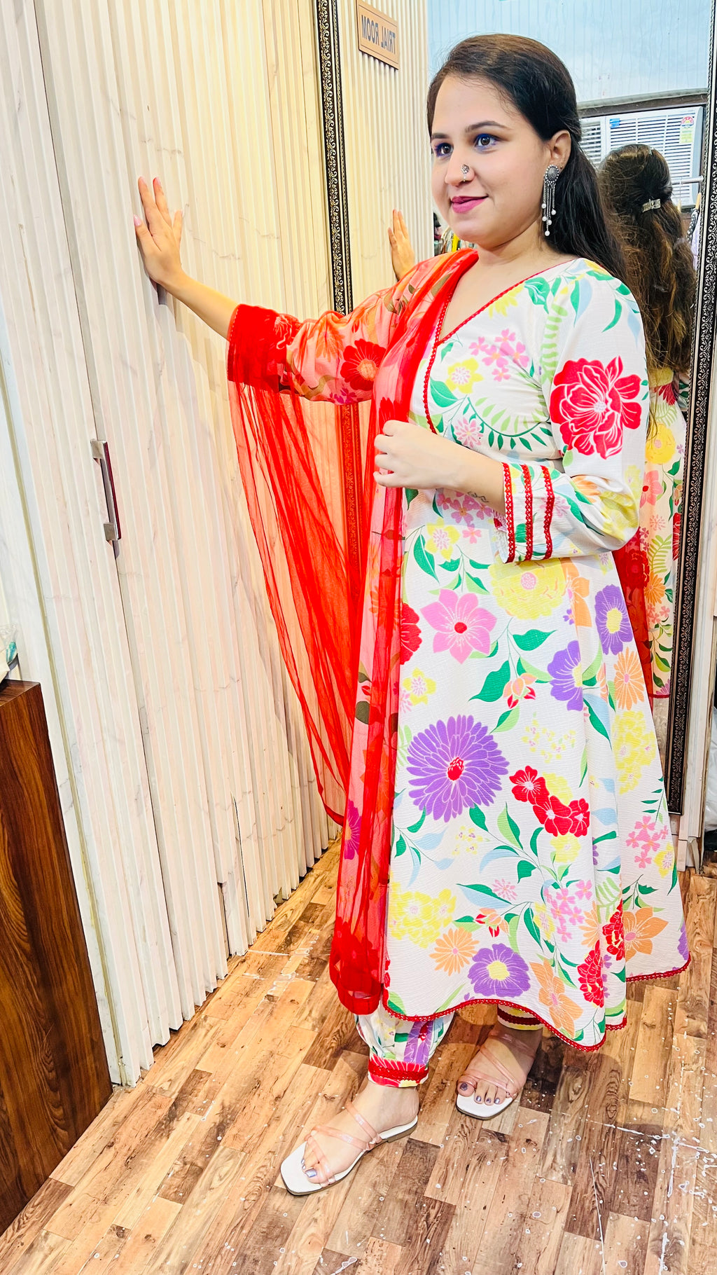 Cream Floral Print Flared Suit with Afghani Pants