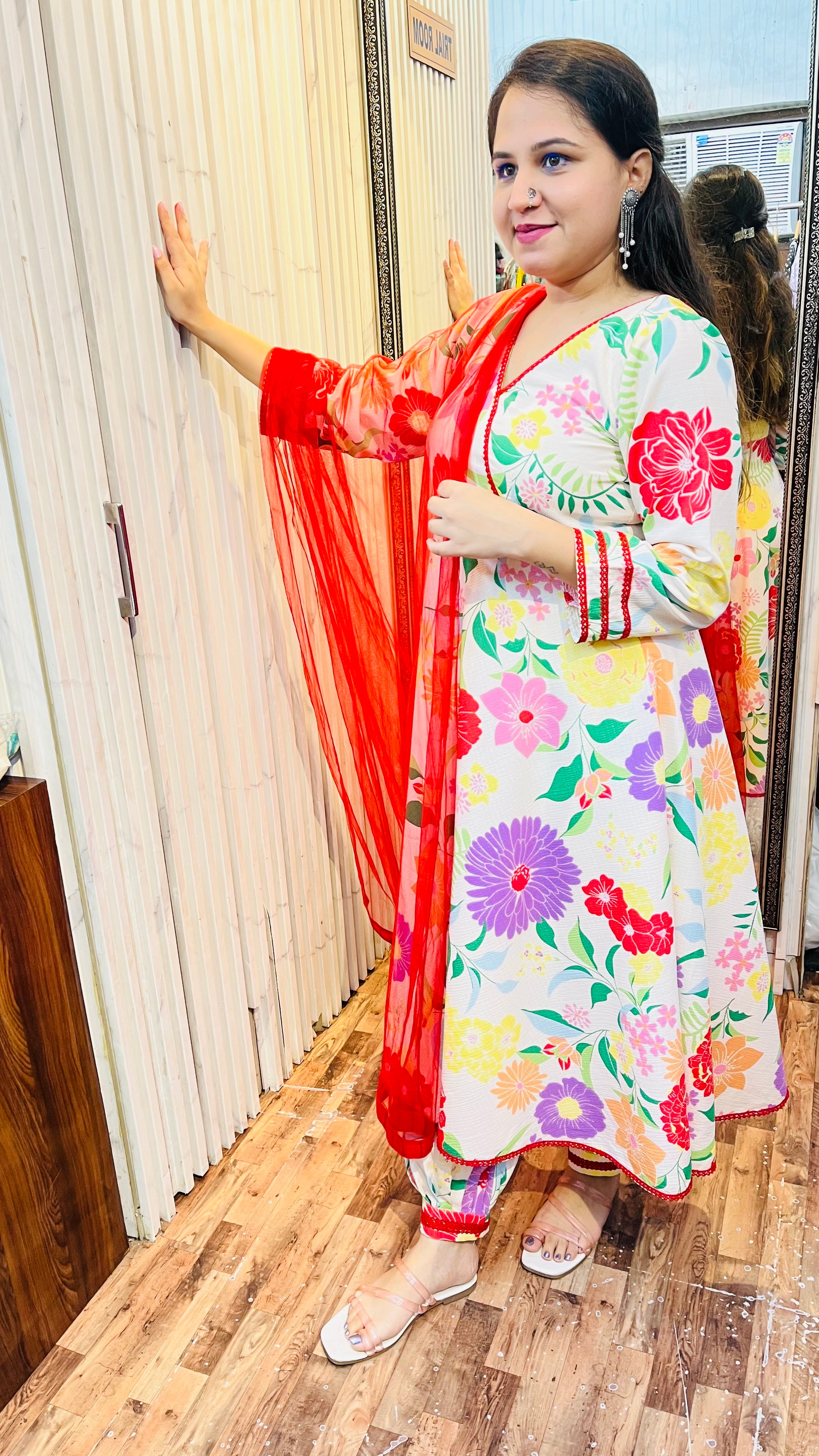Cream Floral Print Flared Suit with Afghani Pants