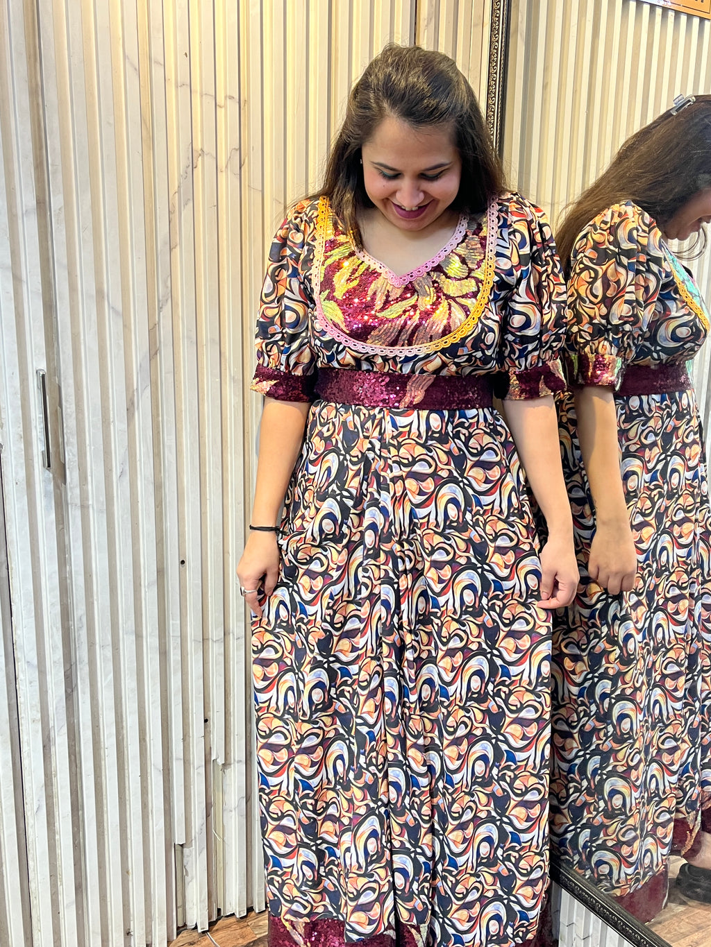 Double Georgette Sequins Drape Maxi Dress