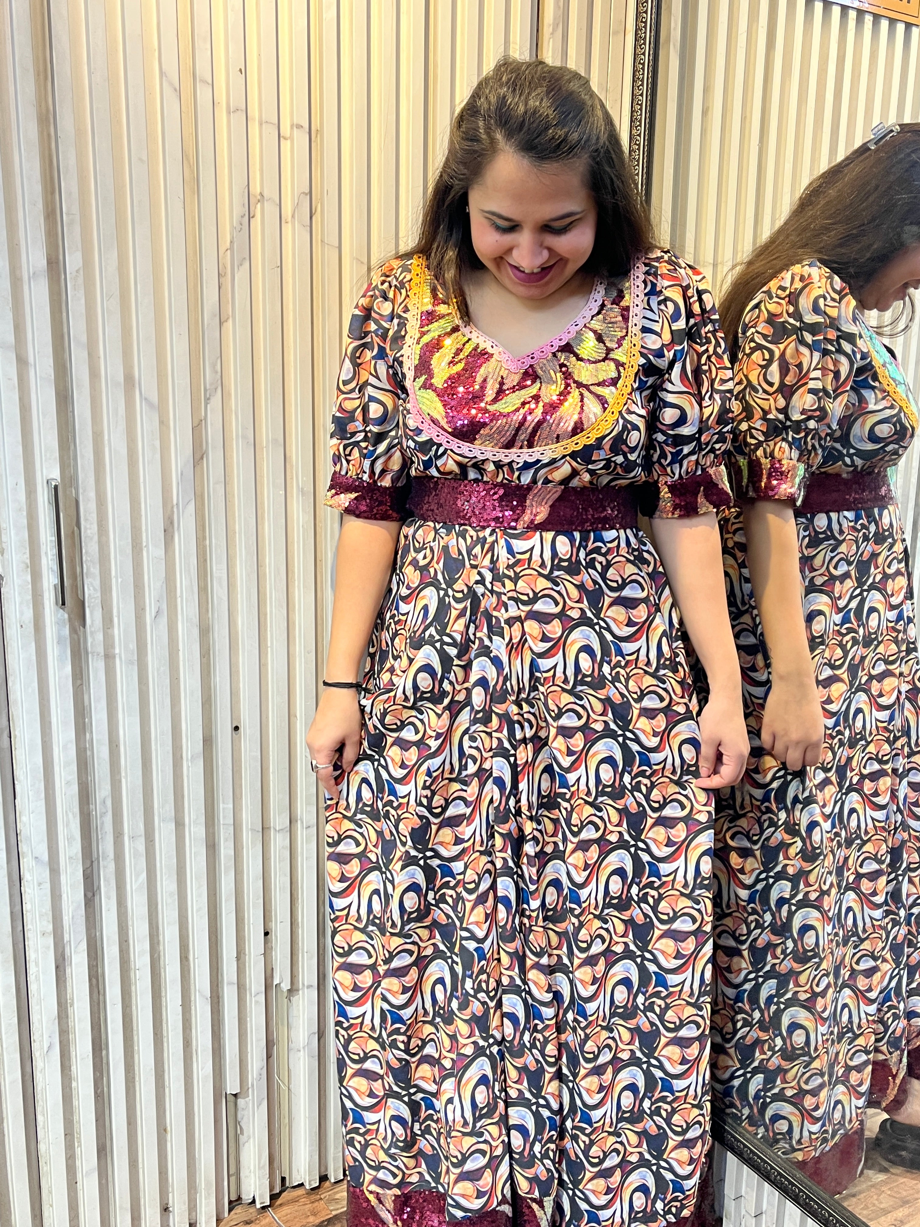 Double Georgette Sequins Drape Maxi Dress