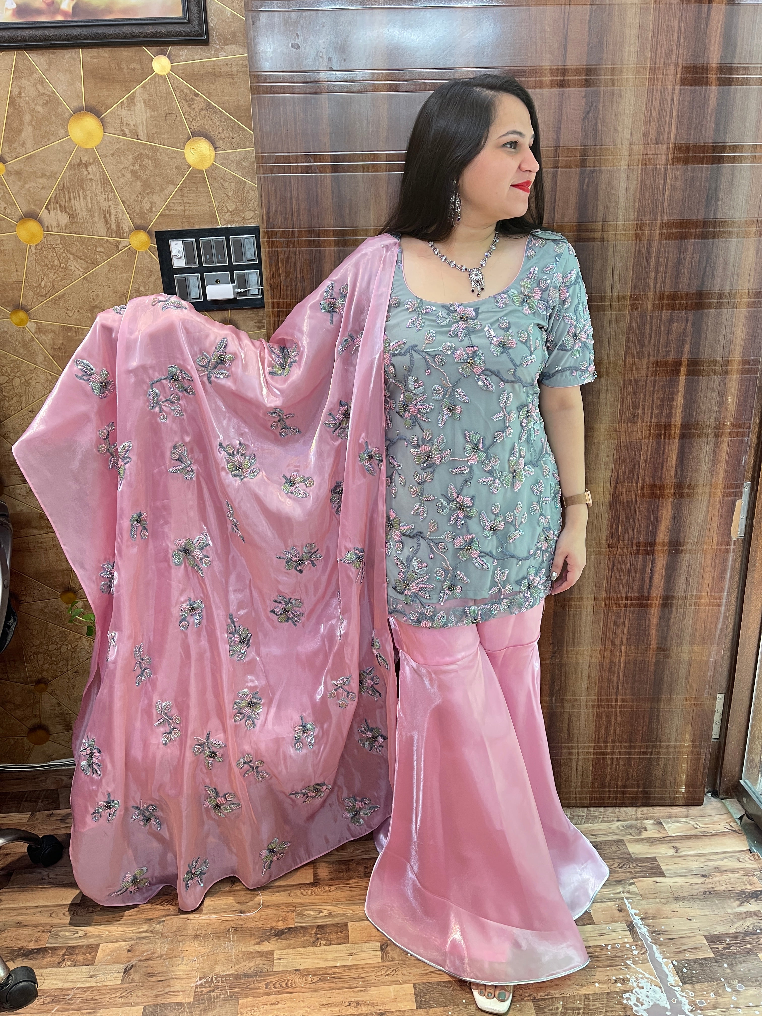 Pink Grey Hand Embroidered Gharara Suit