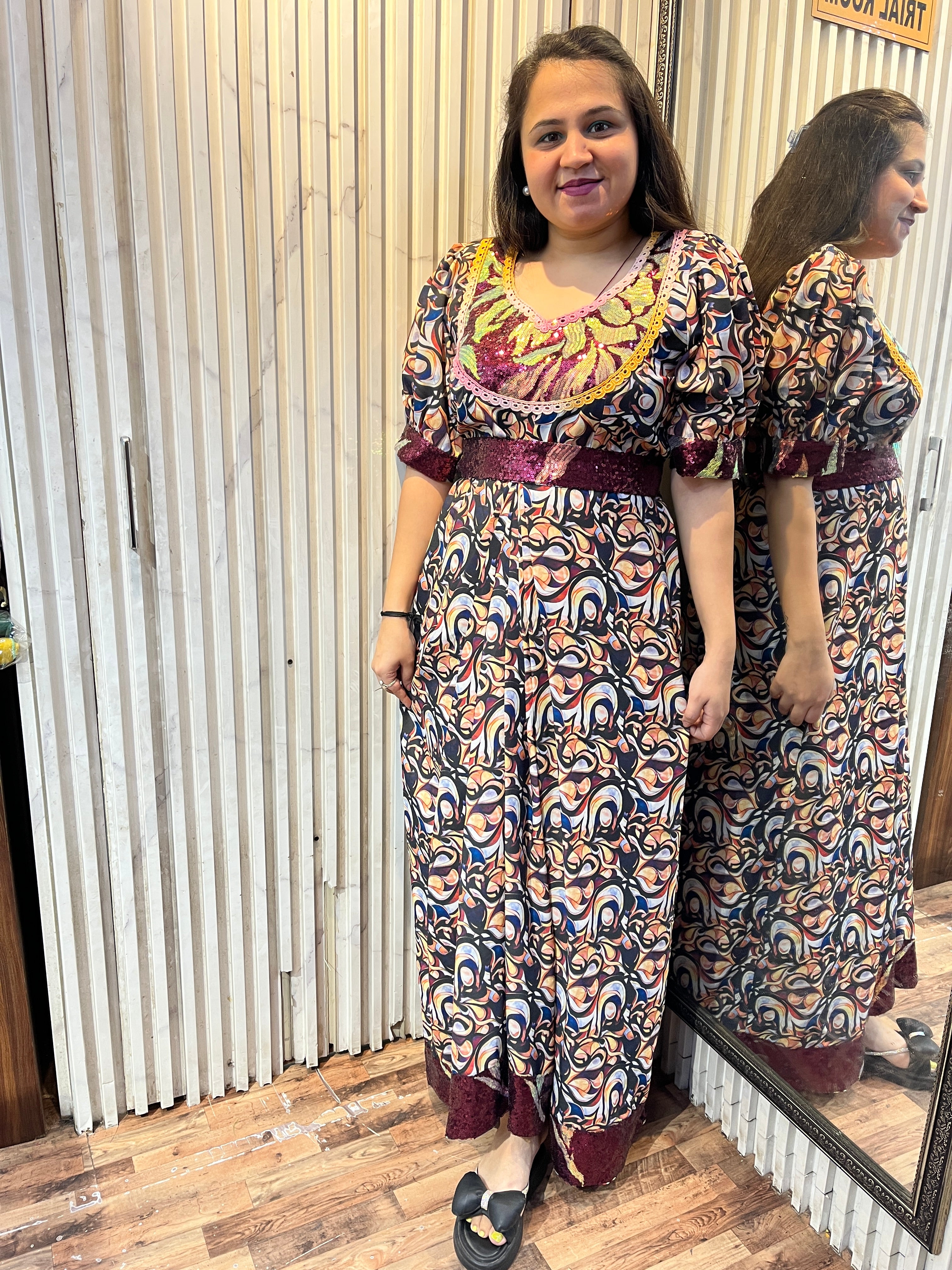 Double Georgette Sequins Drape Maxi Dress