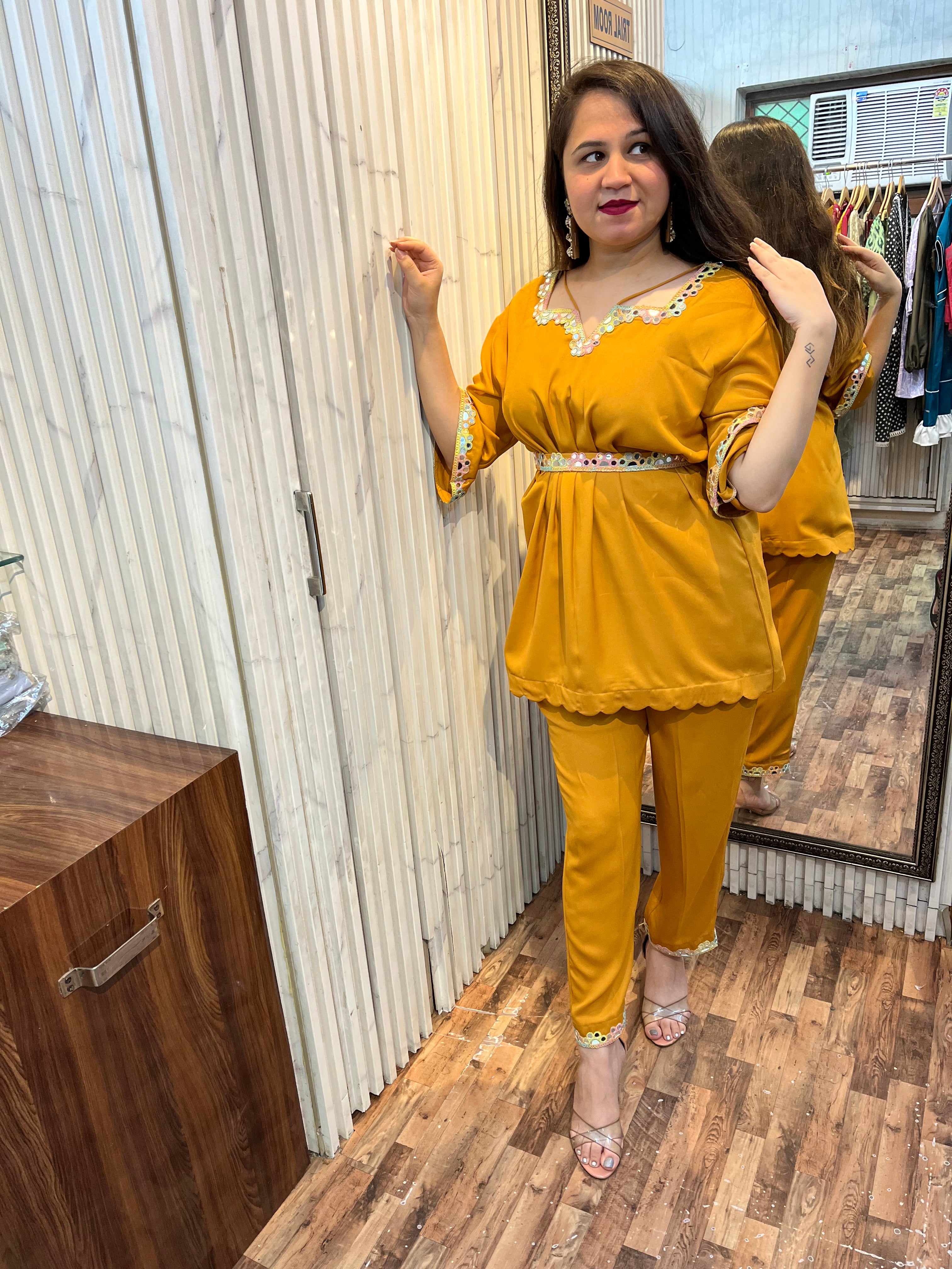 Mustard Double Georgette Waist Belt Coord
