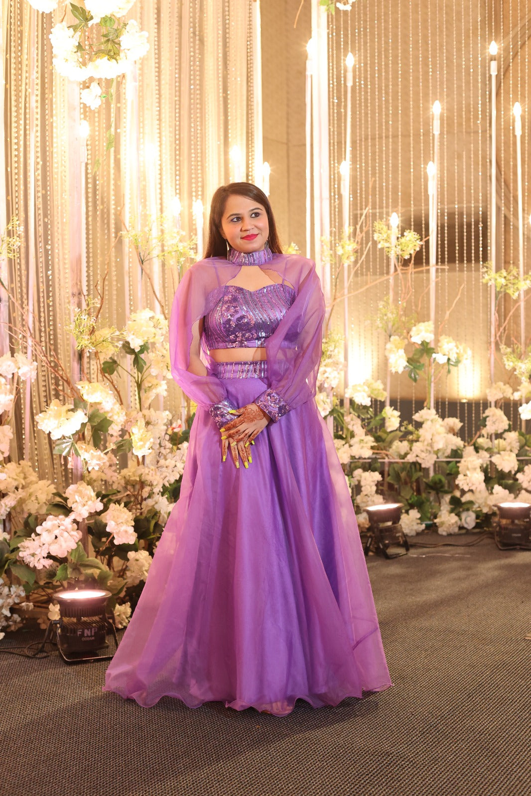 Sequins Choli with Organza Lehenga and Sleeves Cape