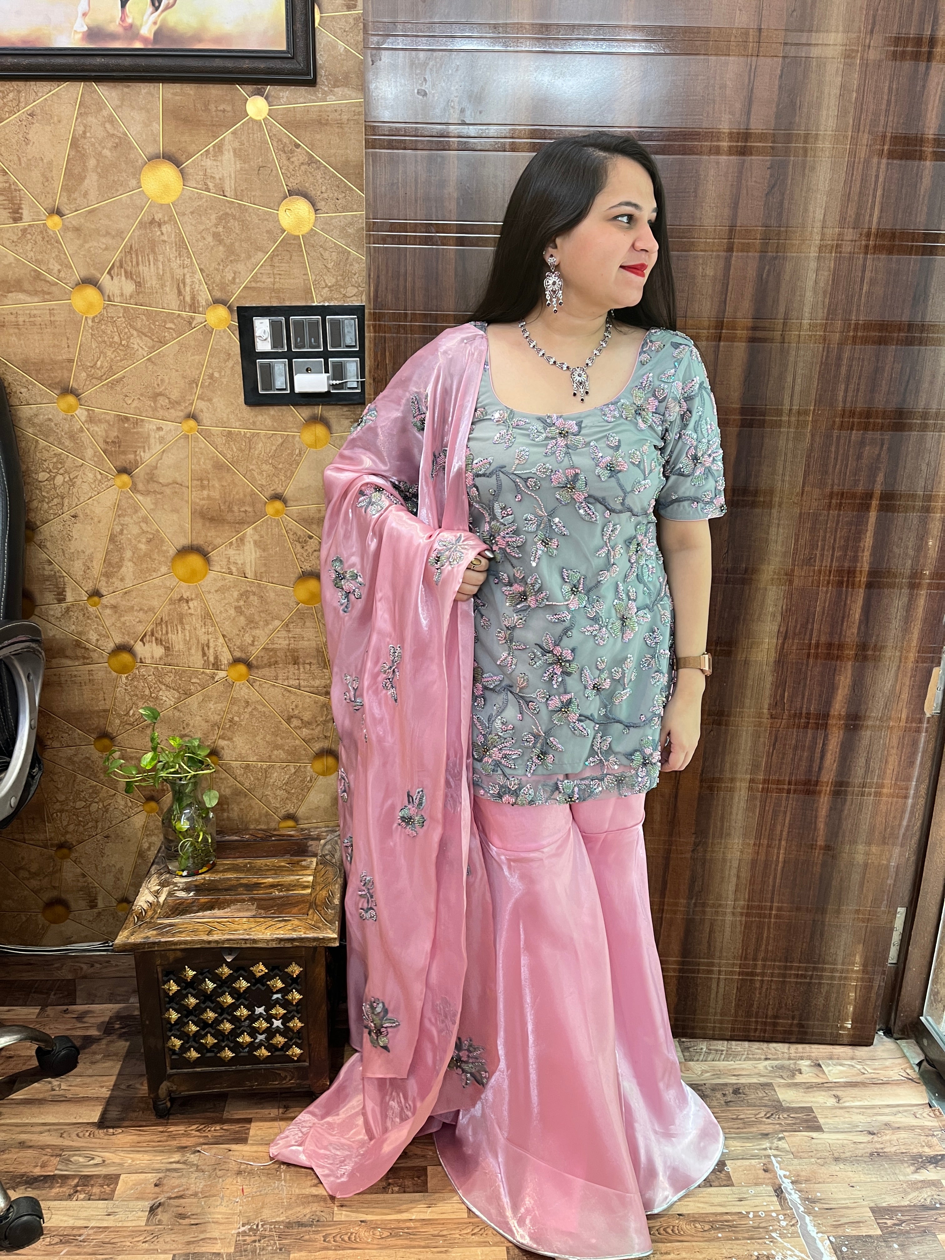 Pink Grey Hand Embroidered Gharara Suit