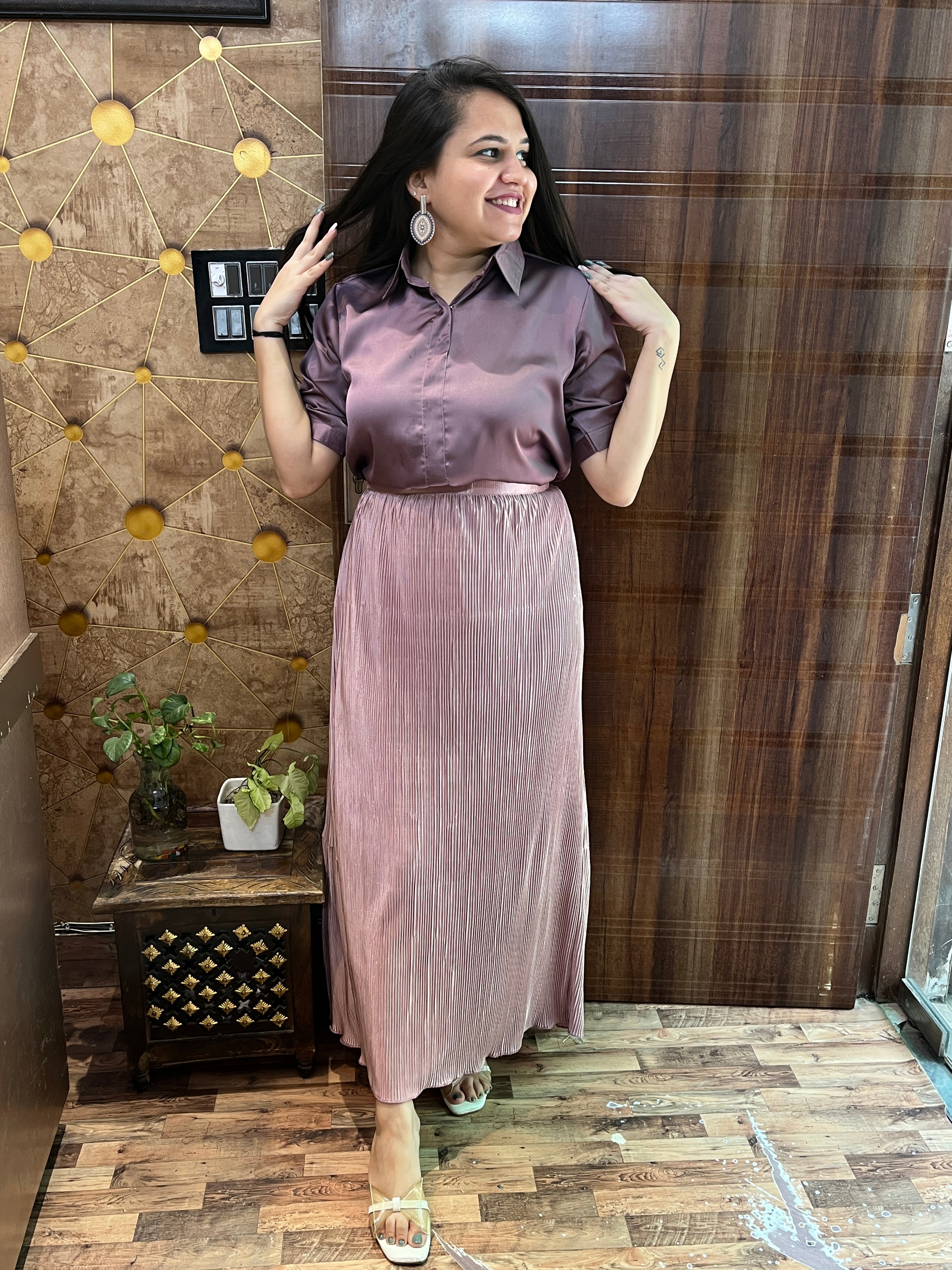 Satin Top Pleated Skirt Coord Set