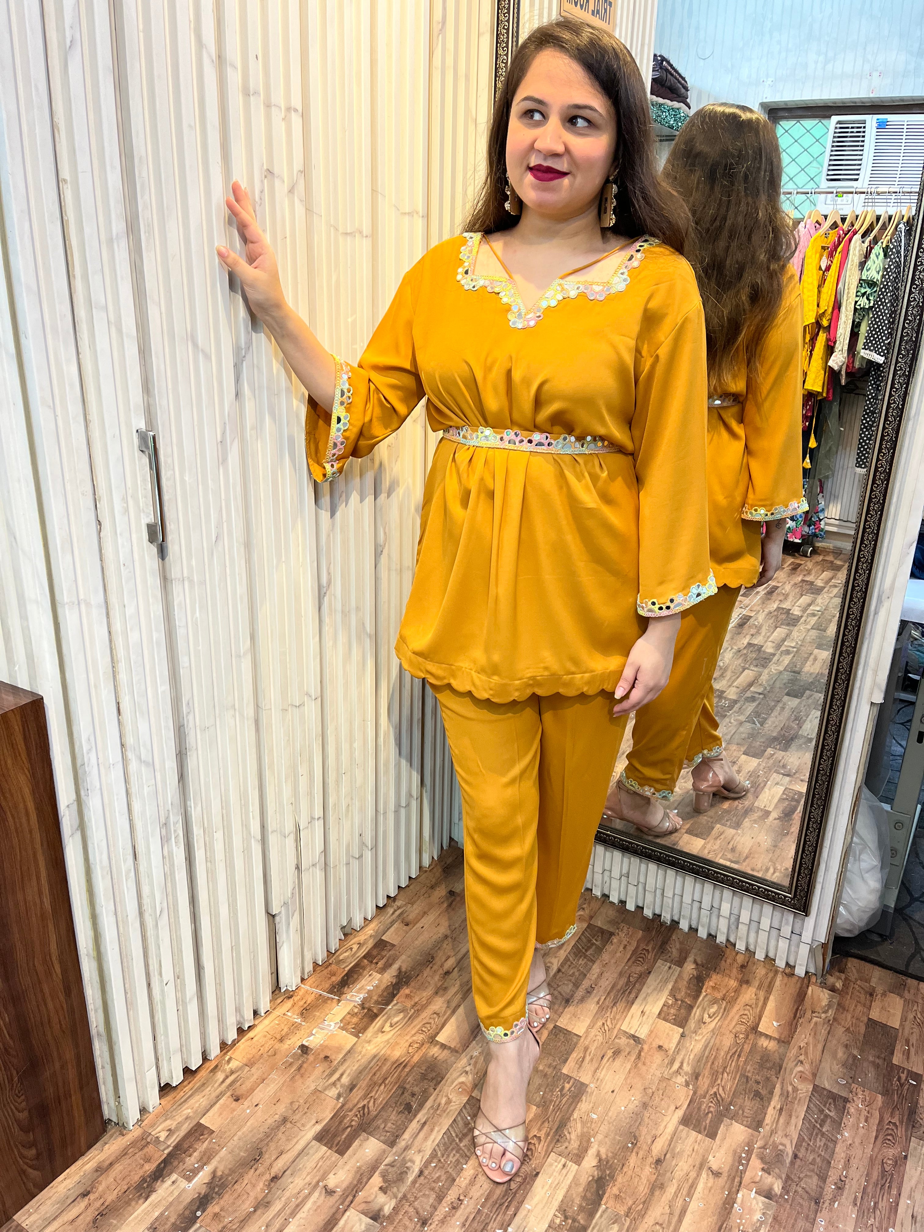 Mustard Double Georgette Waist Belt Coord