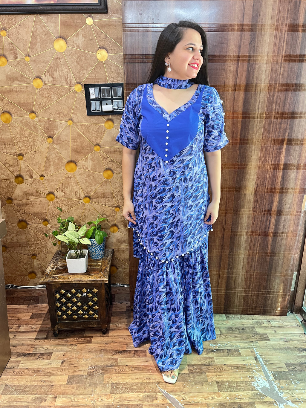 Blue Abstract Print Gharara Suit