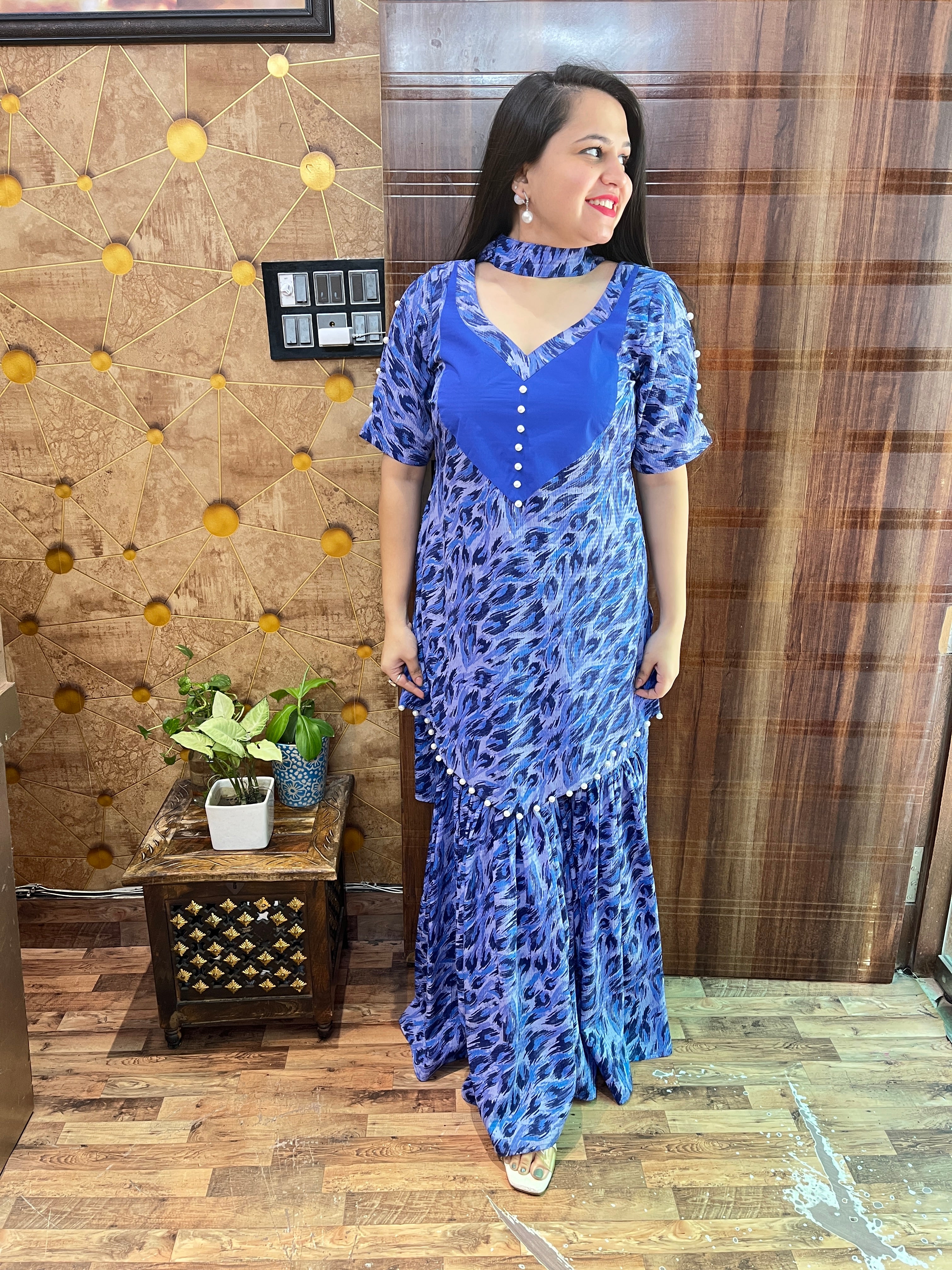 Blue Abstract Print Gharara Suit