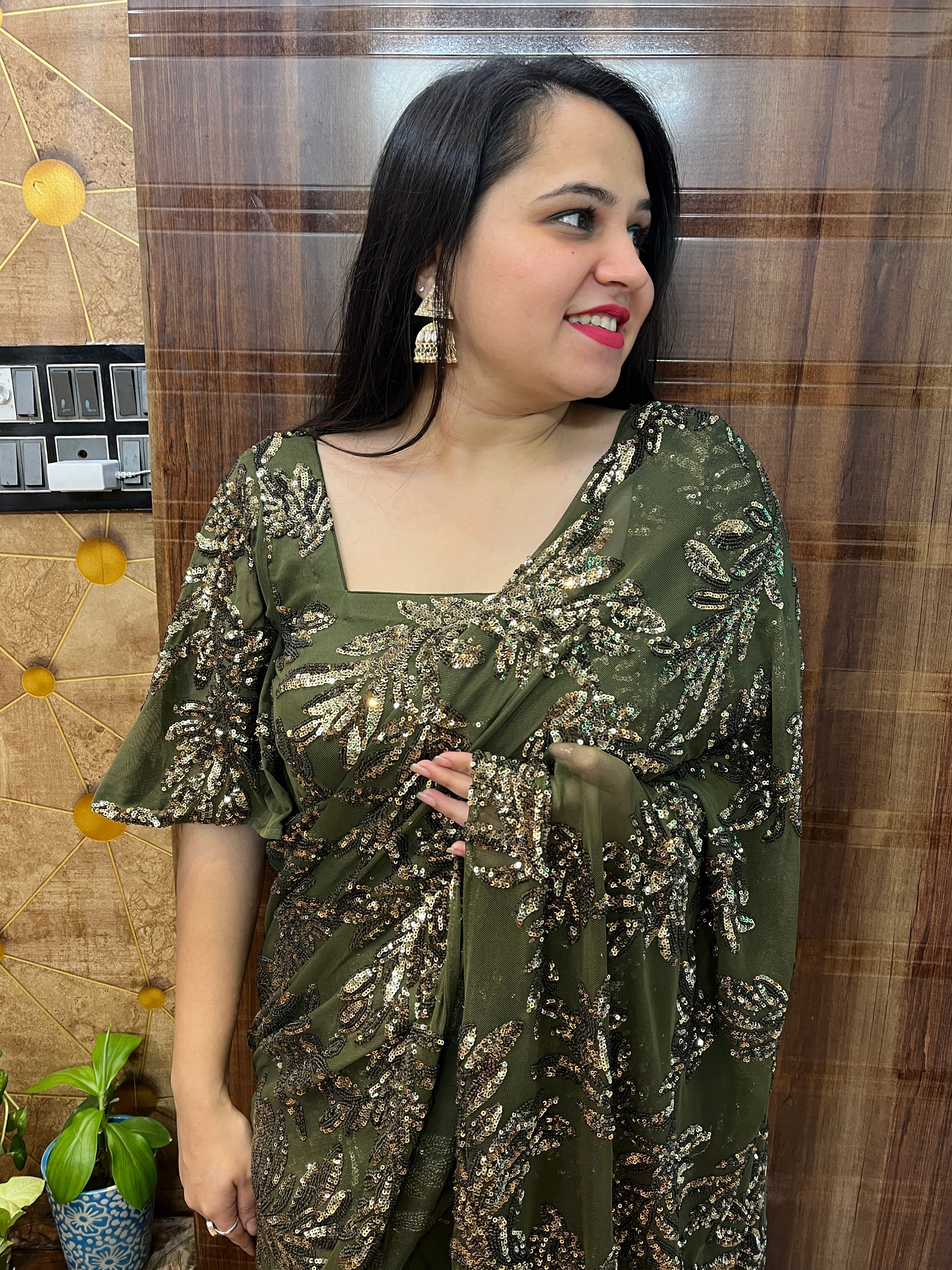 Olive Sequins Maxi Saree