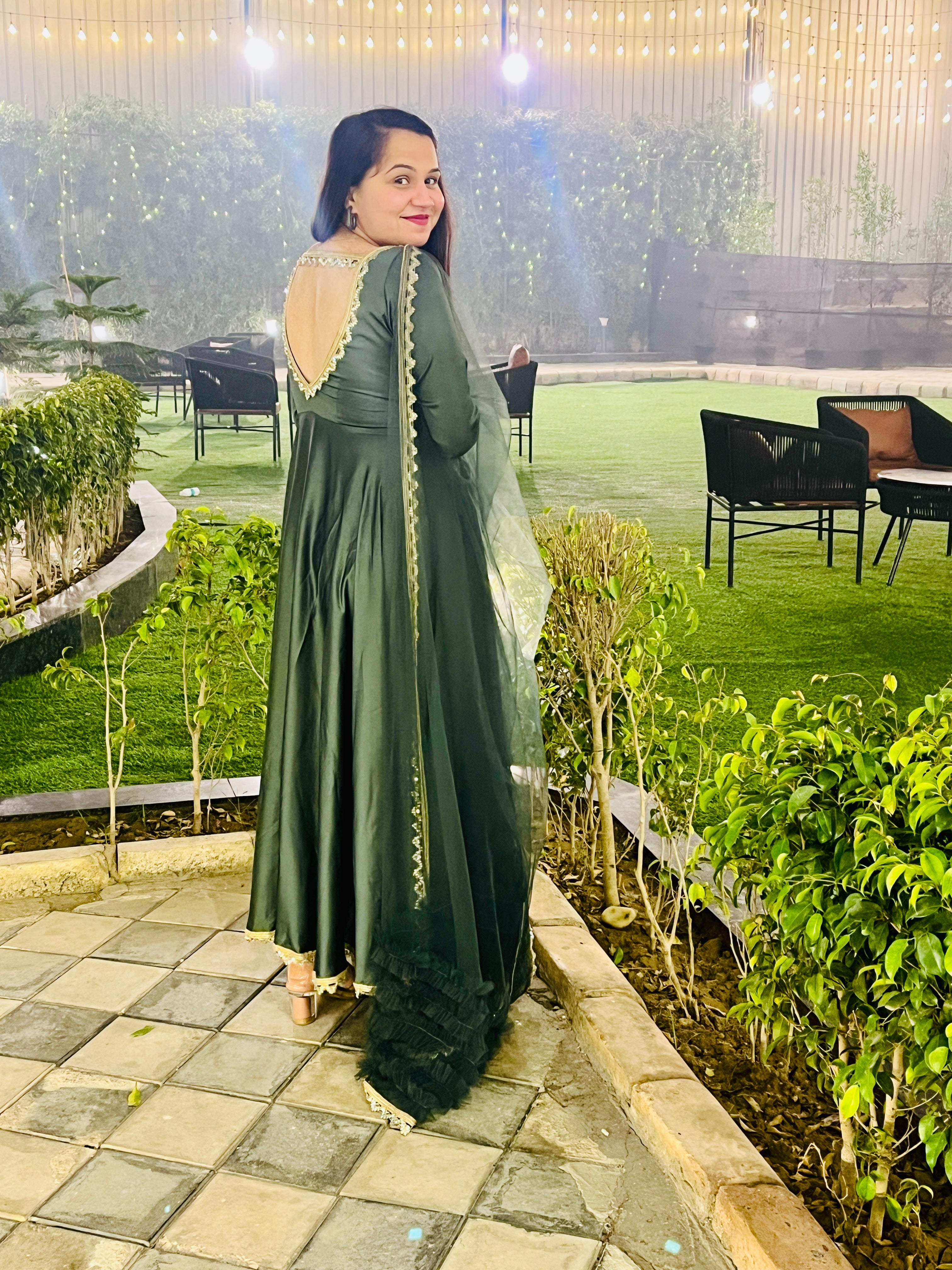 Teal Satin Angrakha Anarkali with Net Frills Dupatta
