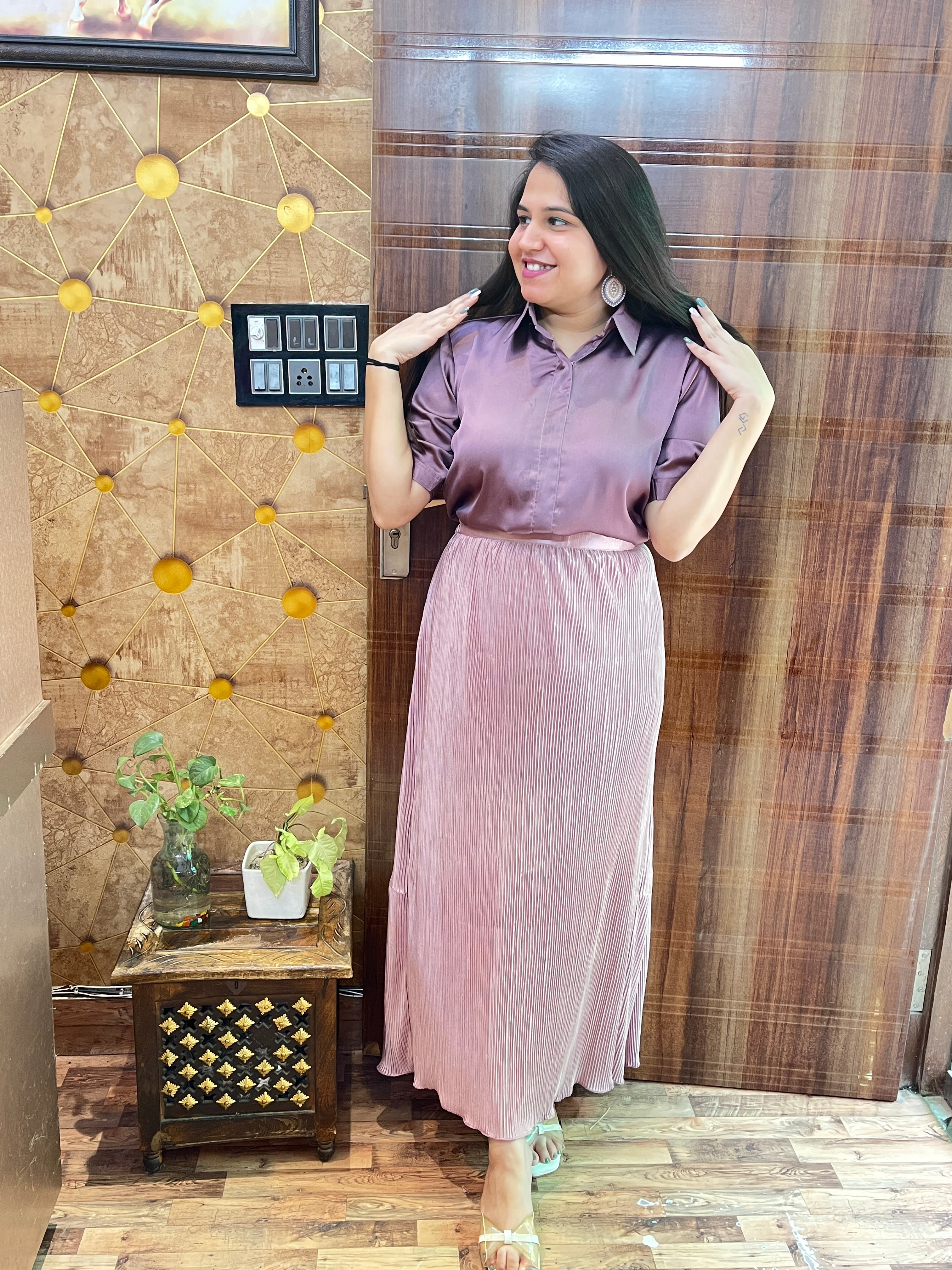 Satin Top Pleated Skirt Coord Set
