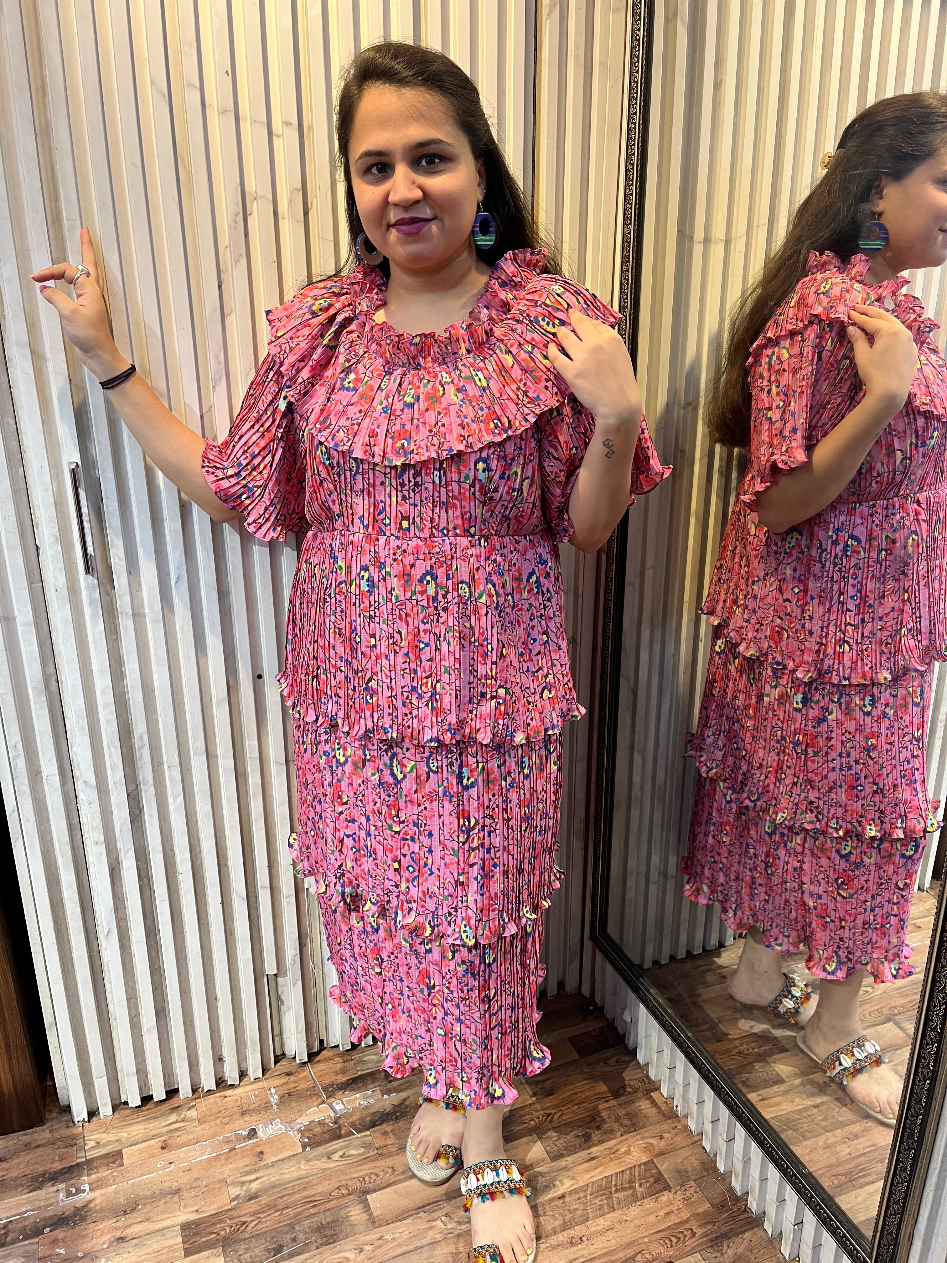 Pink Layered Pleated Maxi Dress