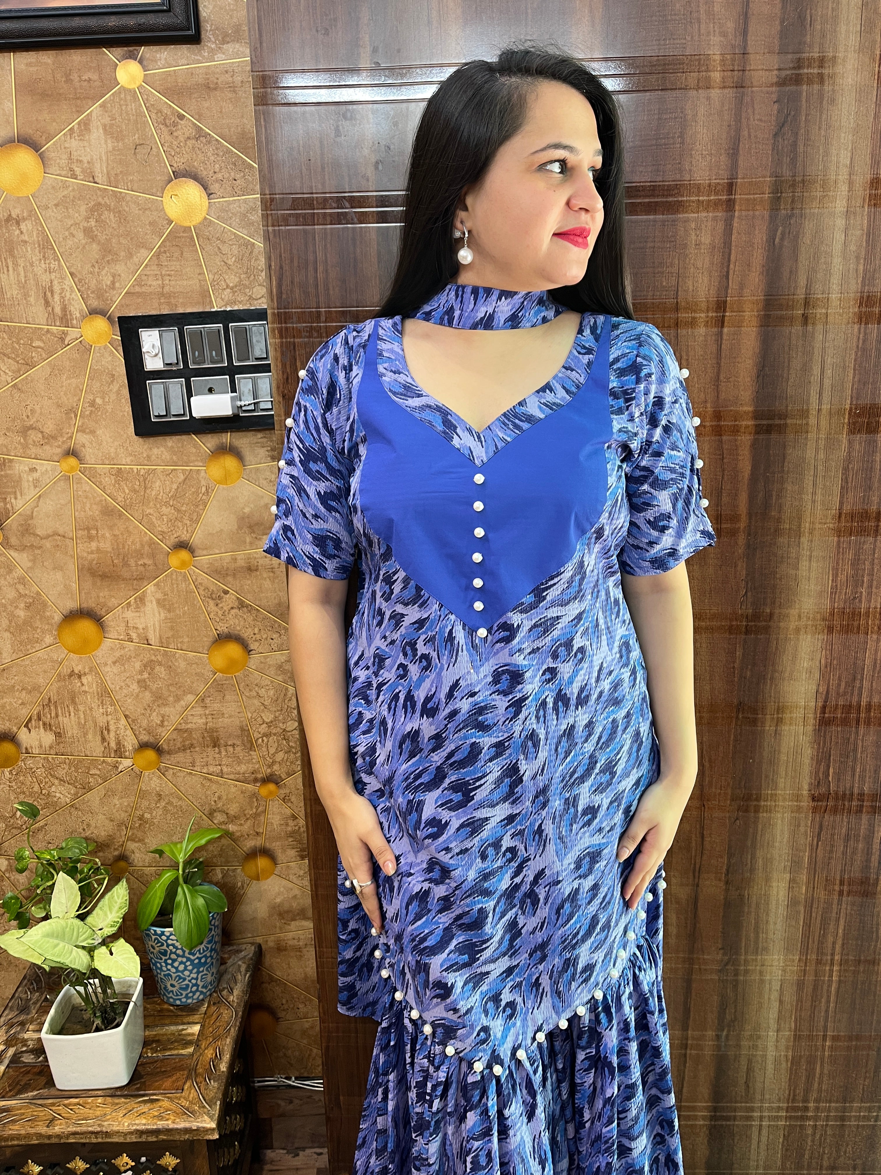 Blue Abstract Print Gharara Suit