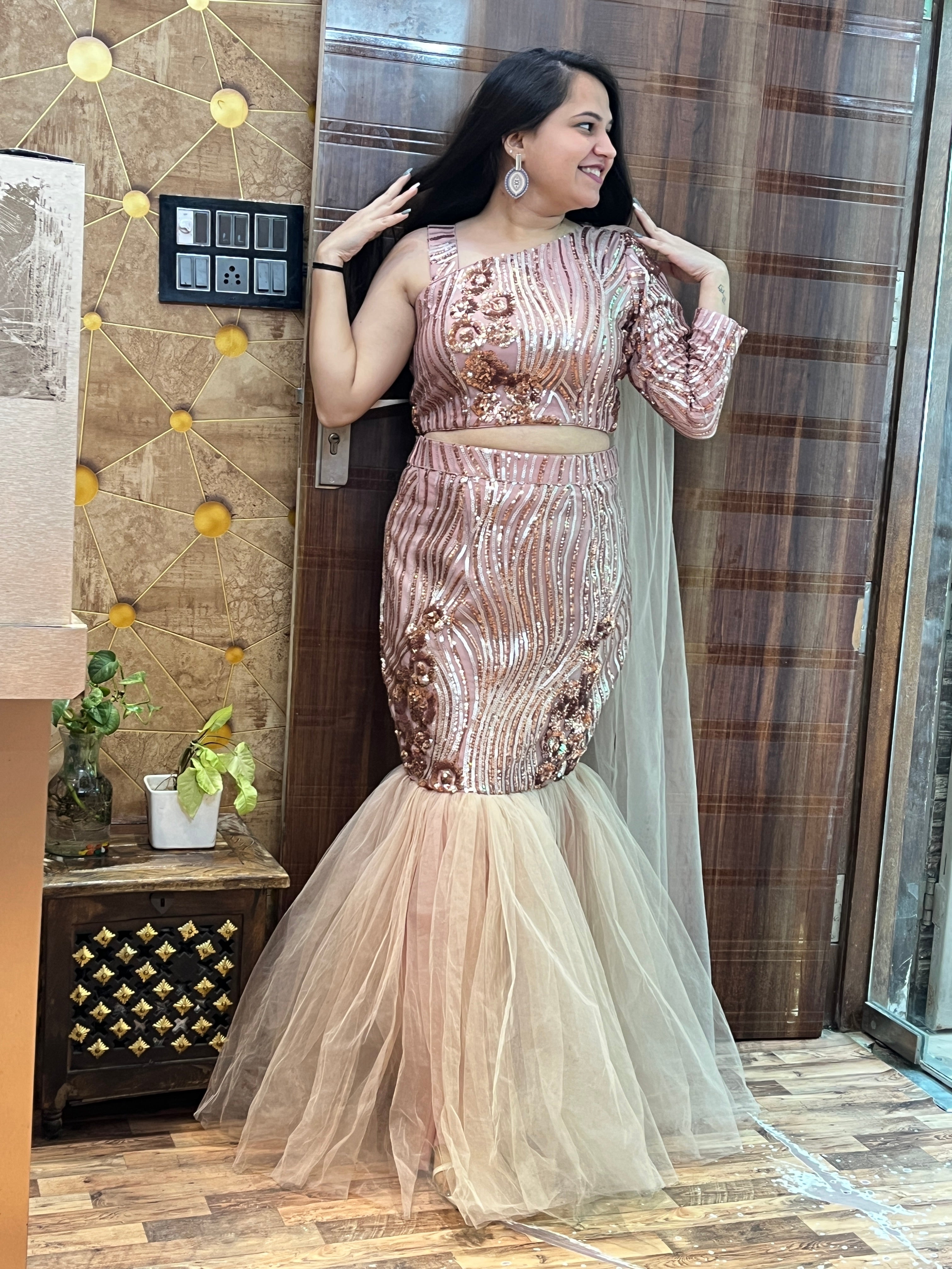 Sequins Net Fishcut Outfit