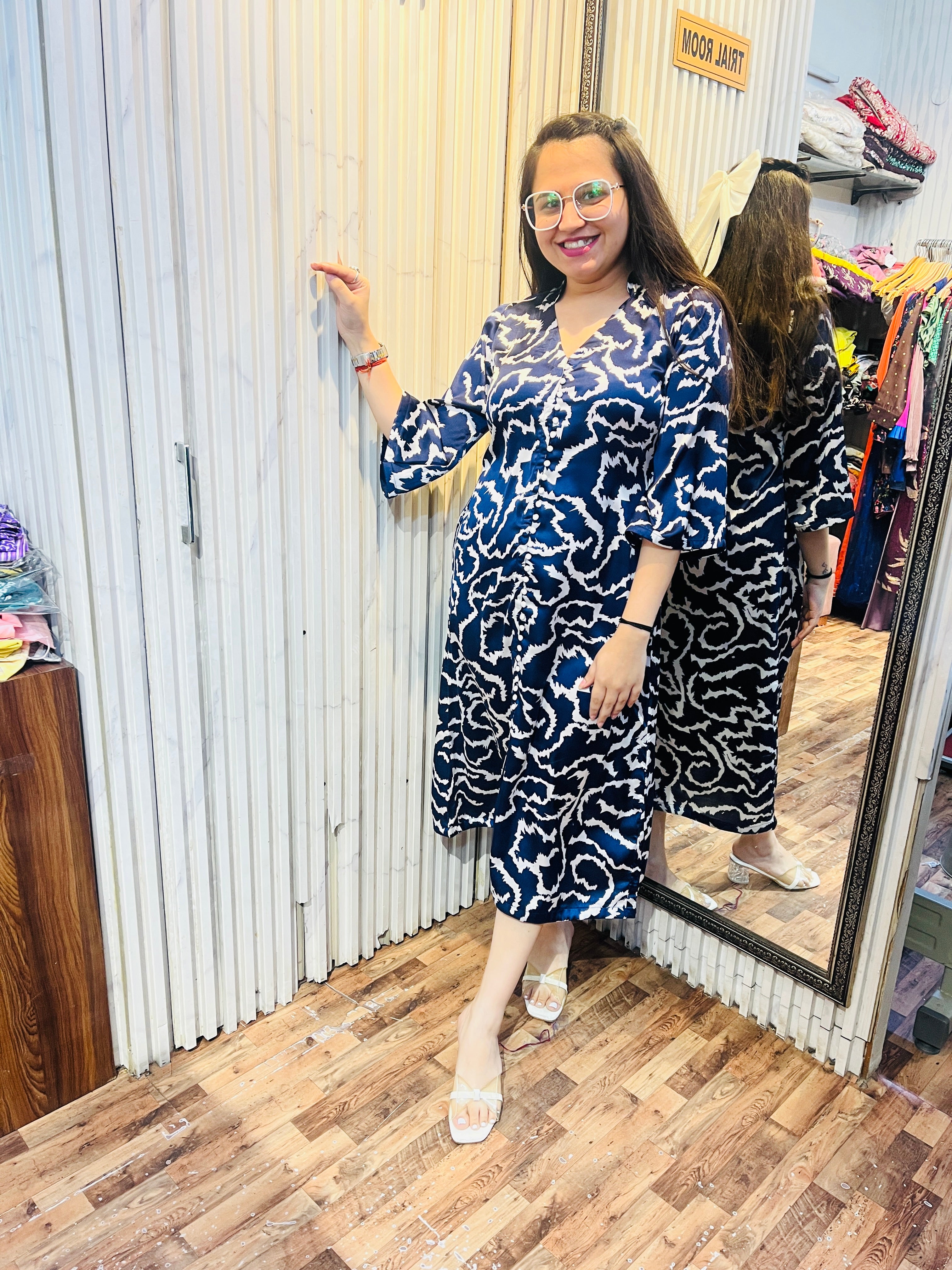 Satin Blue Animal Print Midi Dress