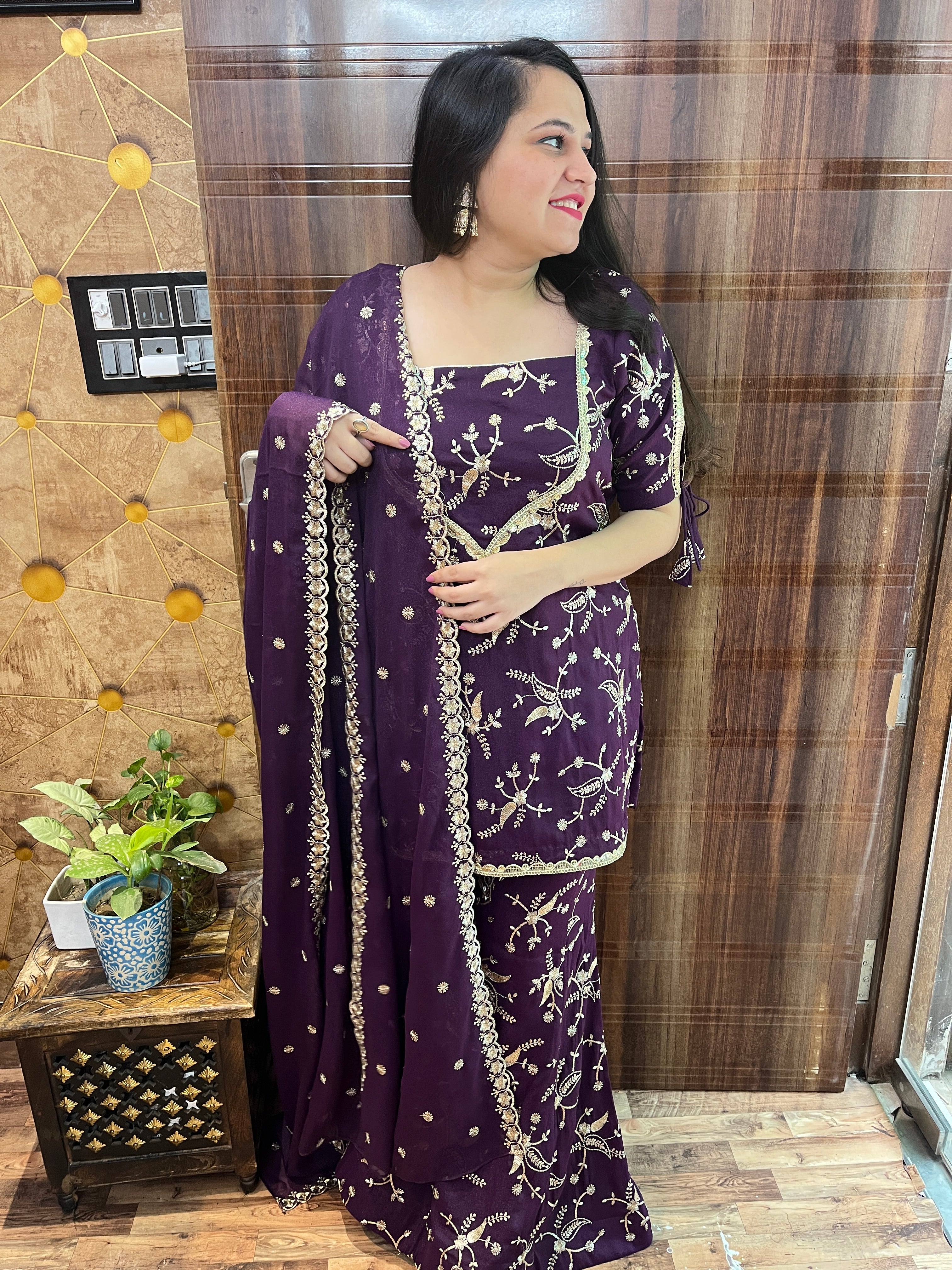 Phalsa Shimmer Georgette Embroidered Kali Sharara Suit