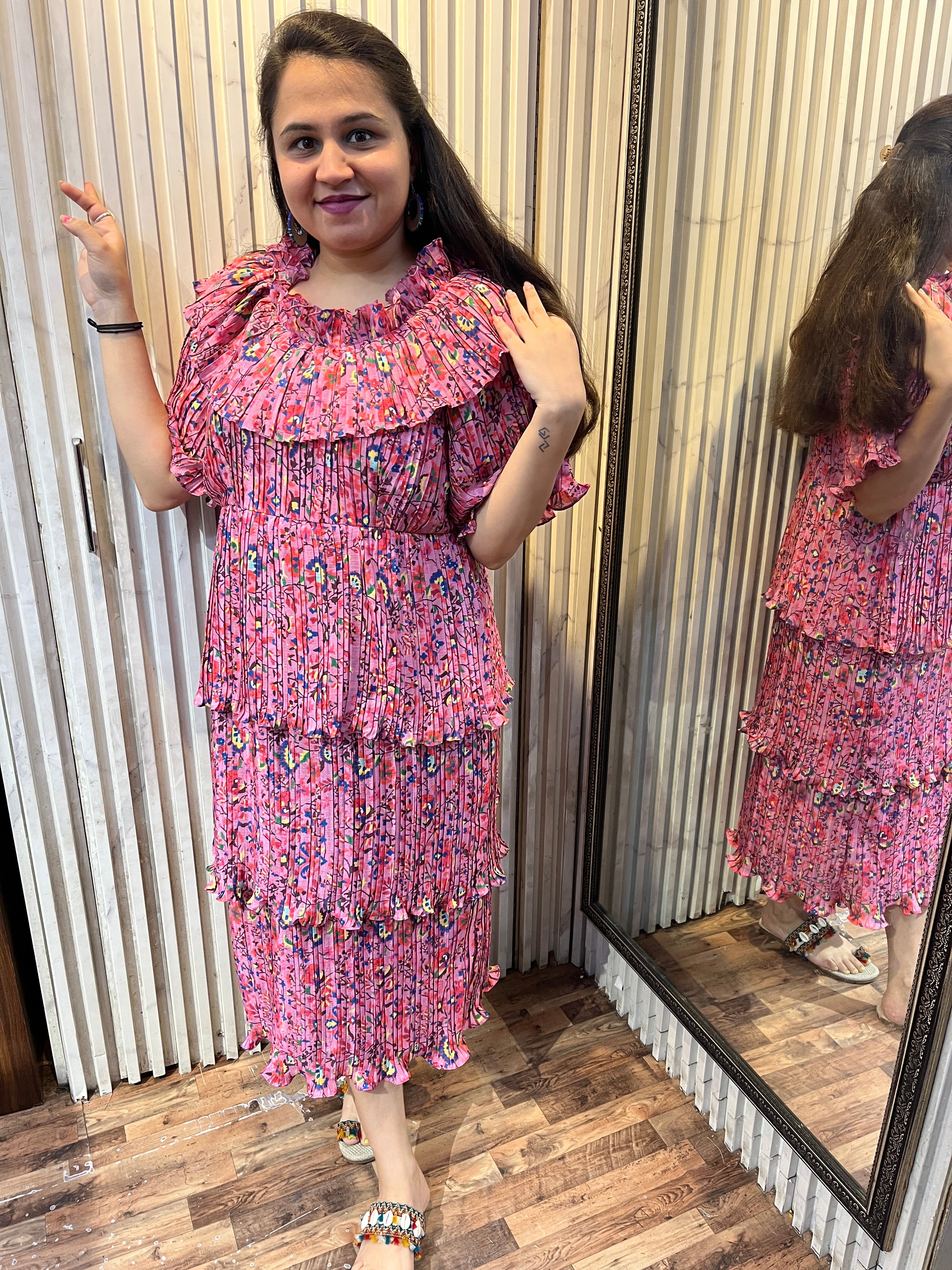 Pink Layered Pleated Maxi Dress
