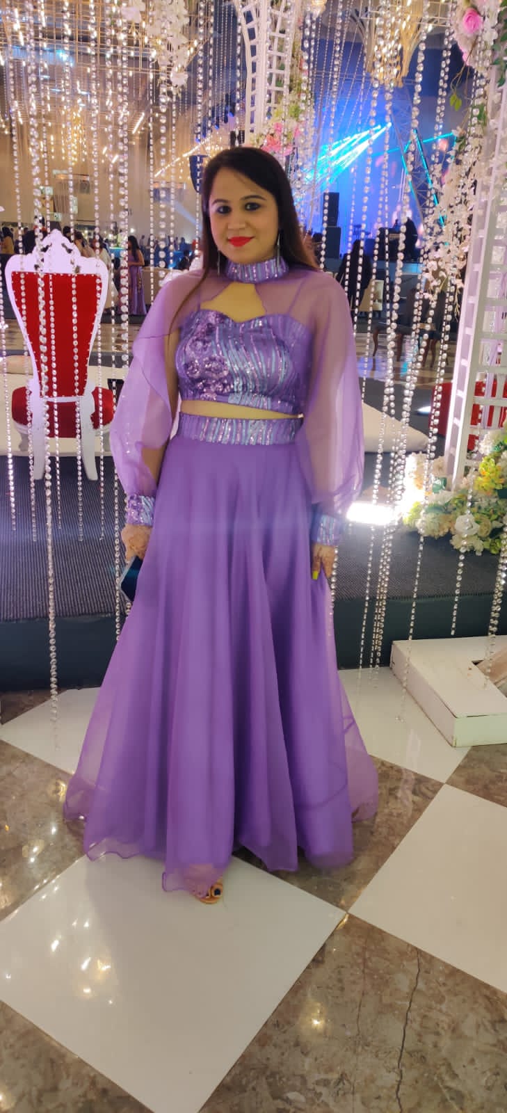 Sequins Choli with Organza Lehenga and Sleeves Cape