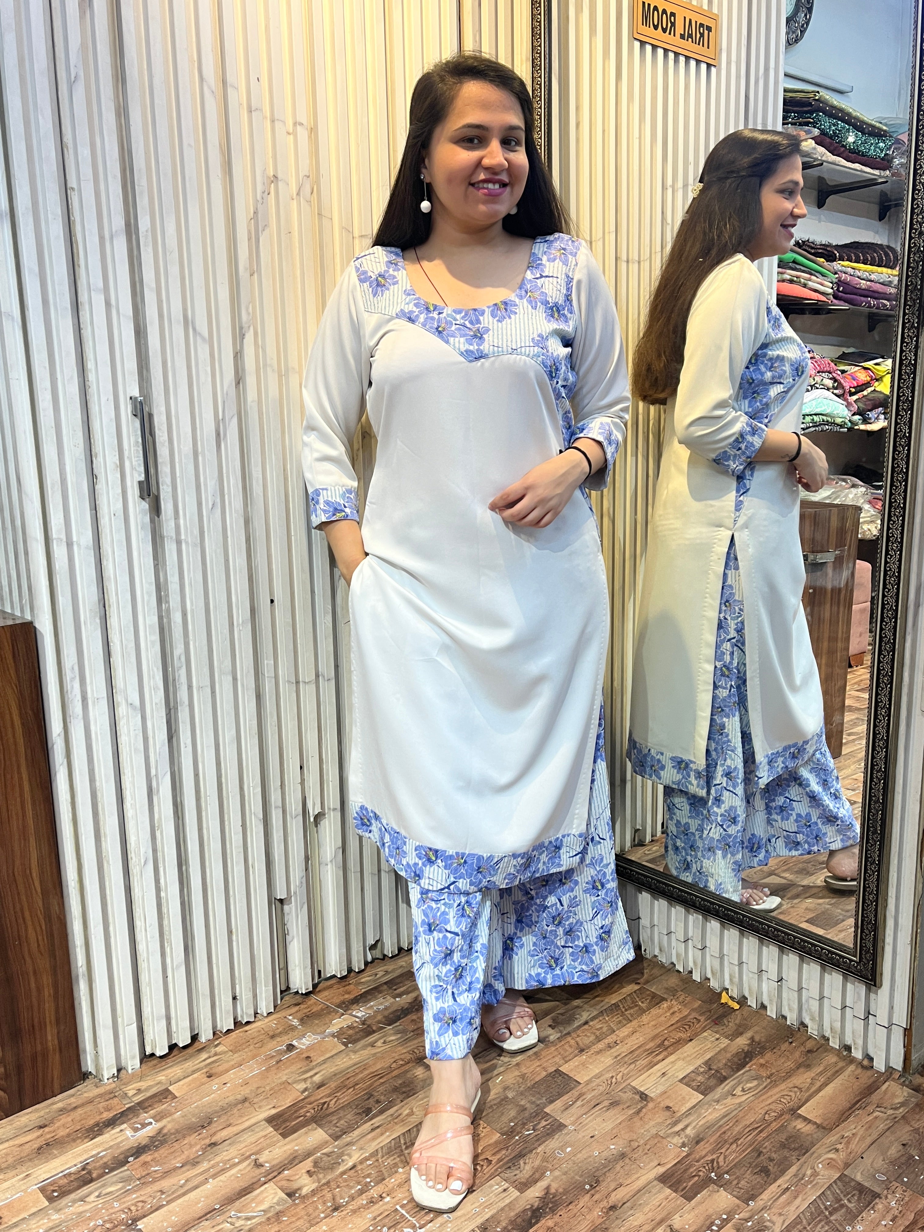 Blue Kurta Set with Printed Yoke & Palazzo