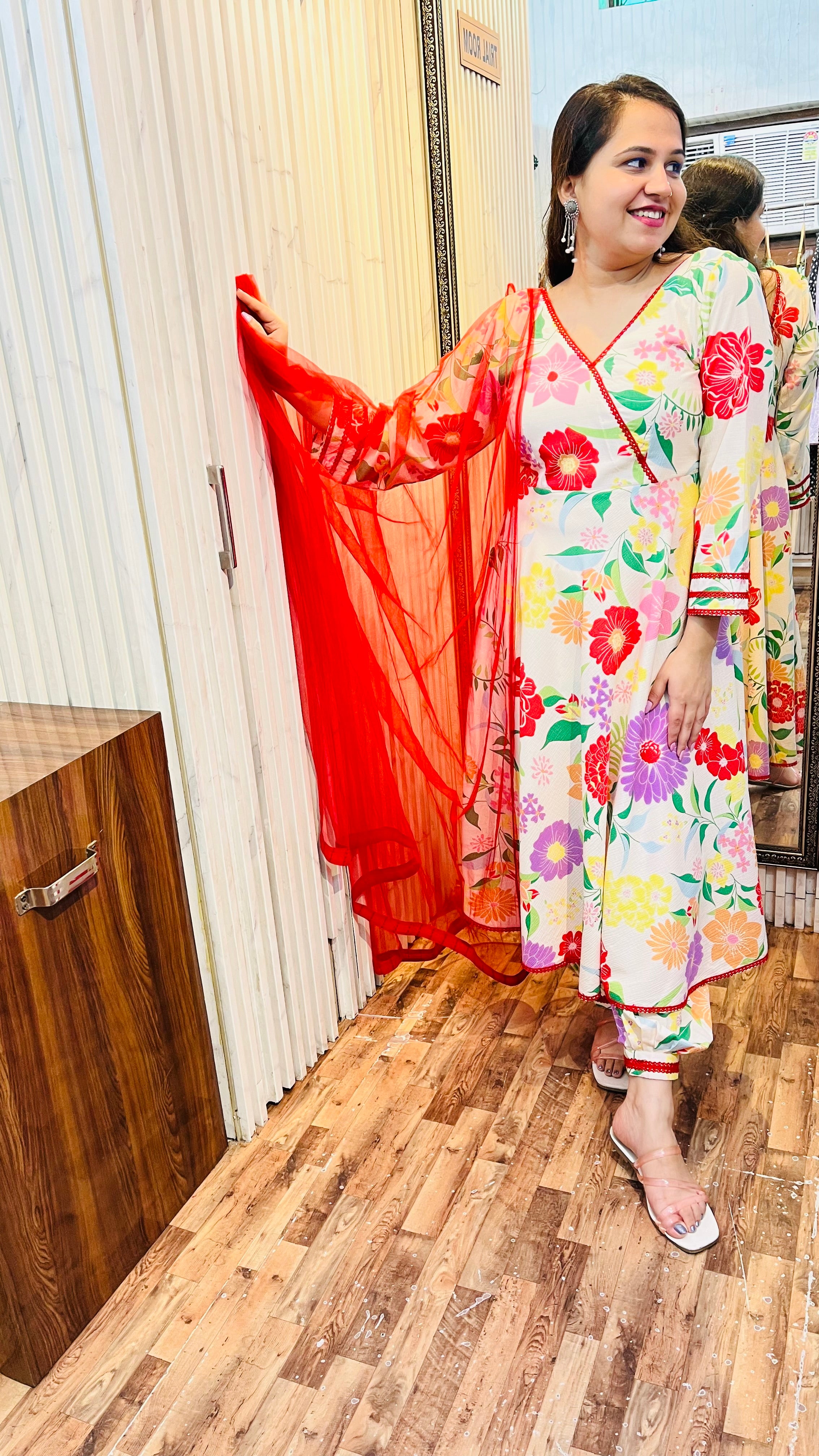 Cream Floral Print Flared Suit with Afghani Pants