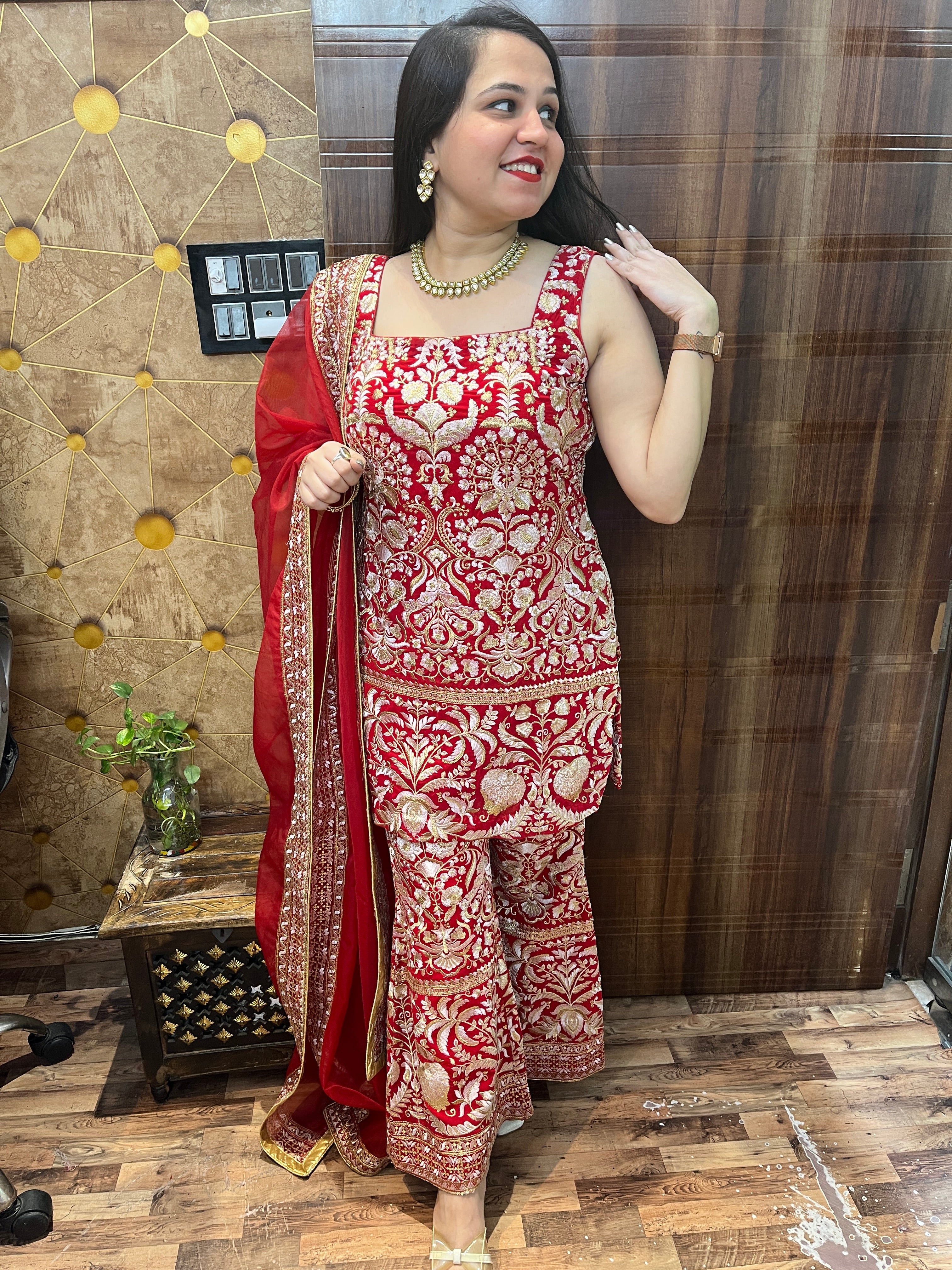 Red Georgette Heavy Embroidered Suit