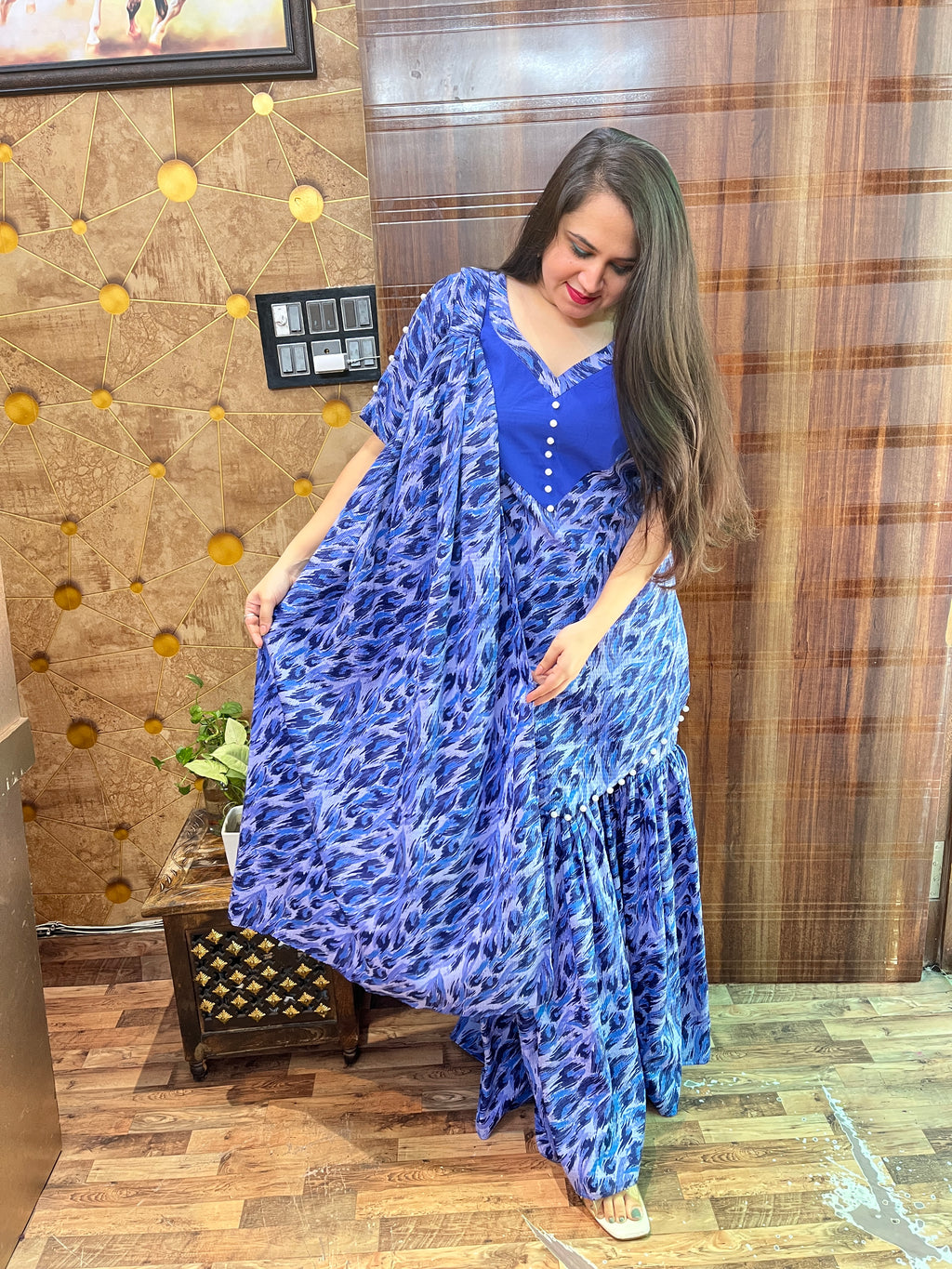 Blue Abstract Print Gharara Suit