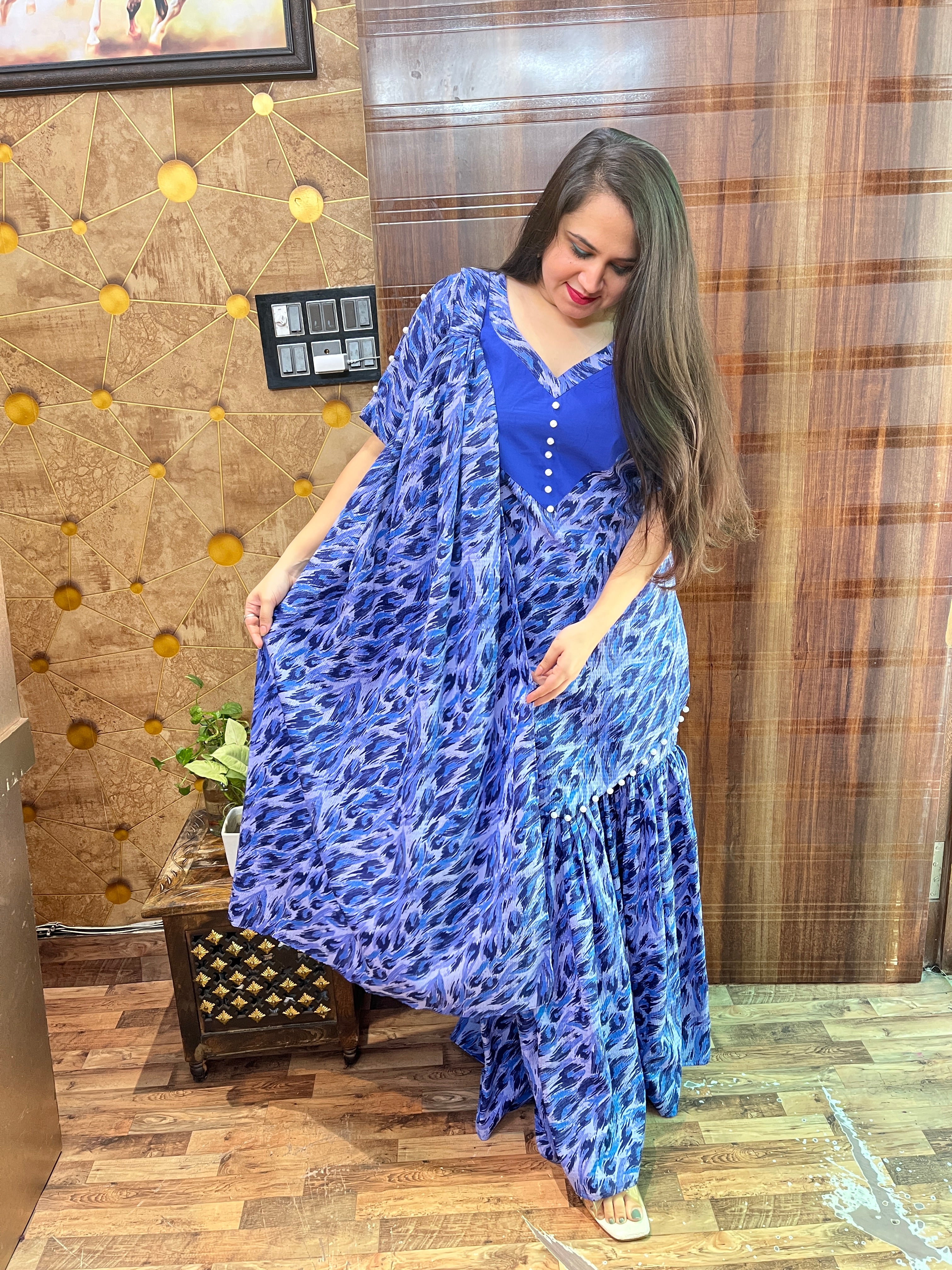 Blue Abstract Print Gharara Suit