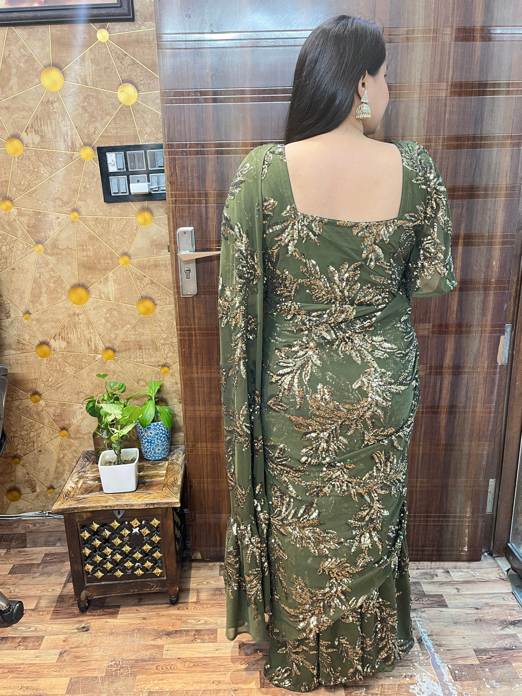 Olive Sequins Maxi Saree