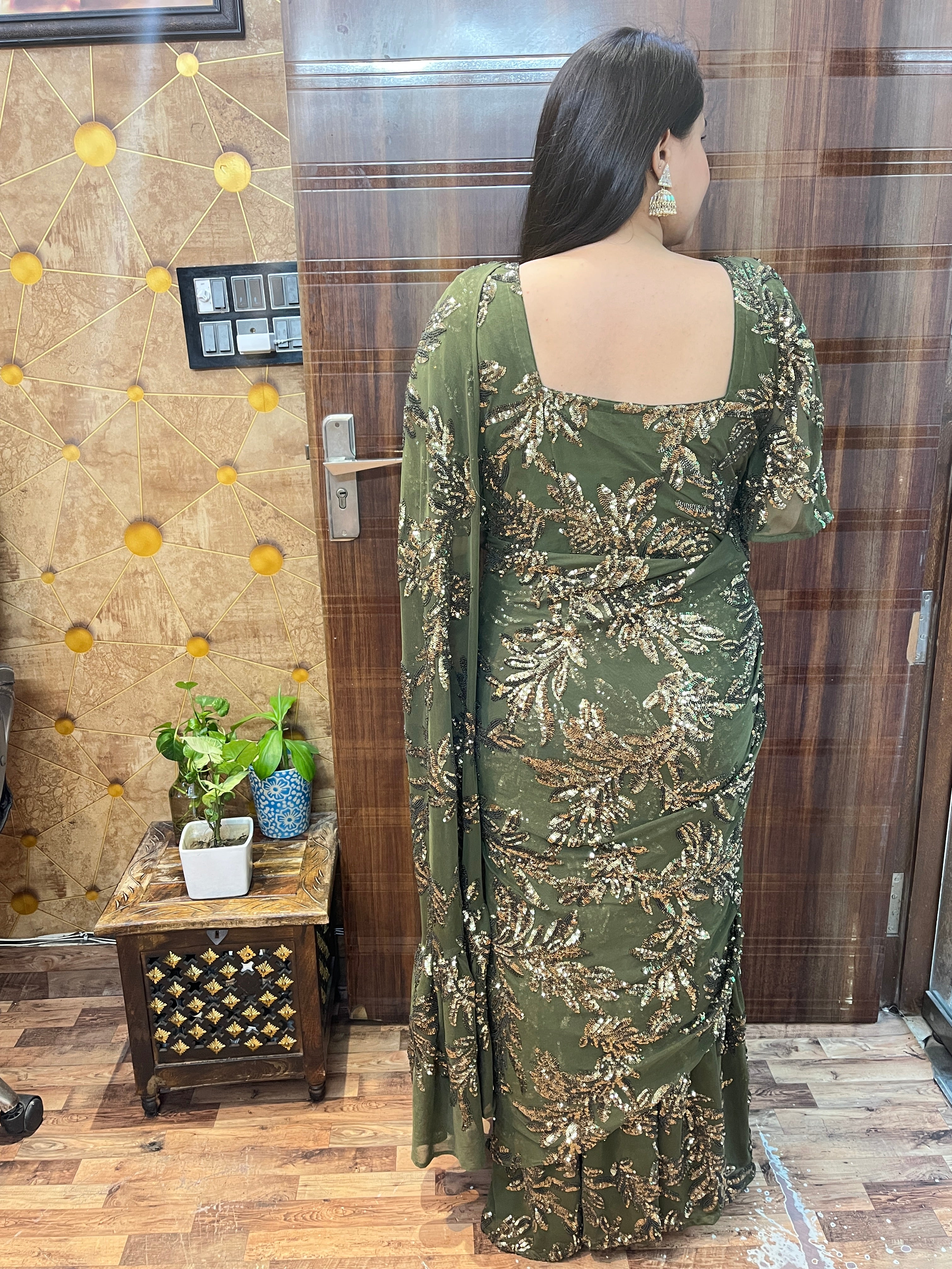 Olive Sequins Maxi Saree