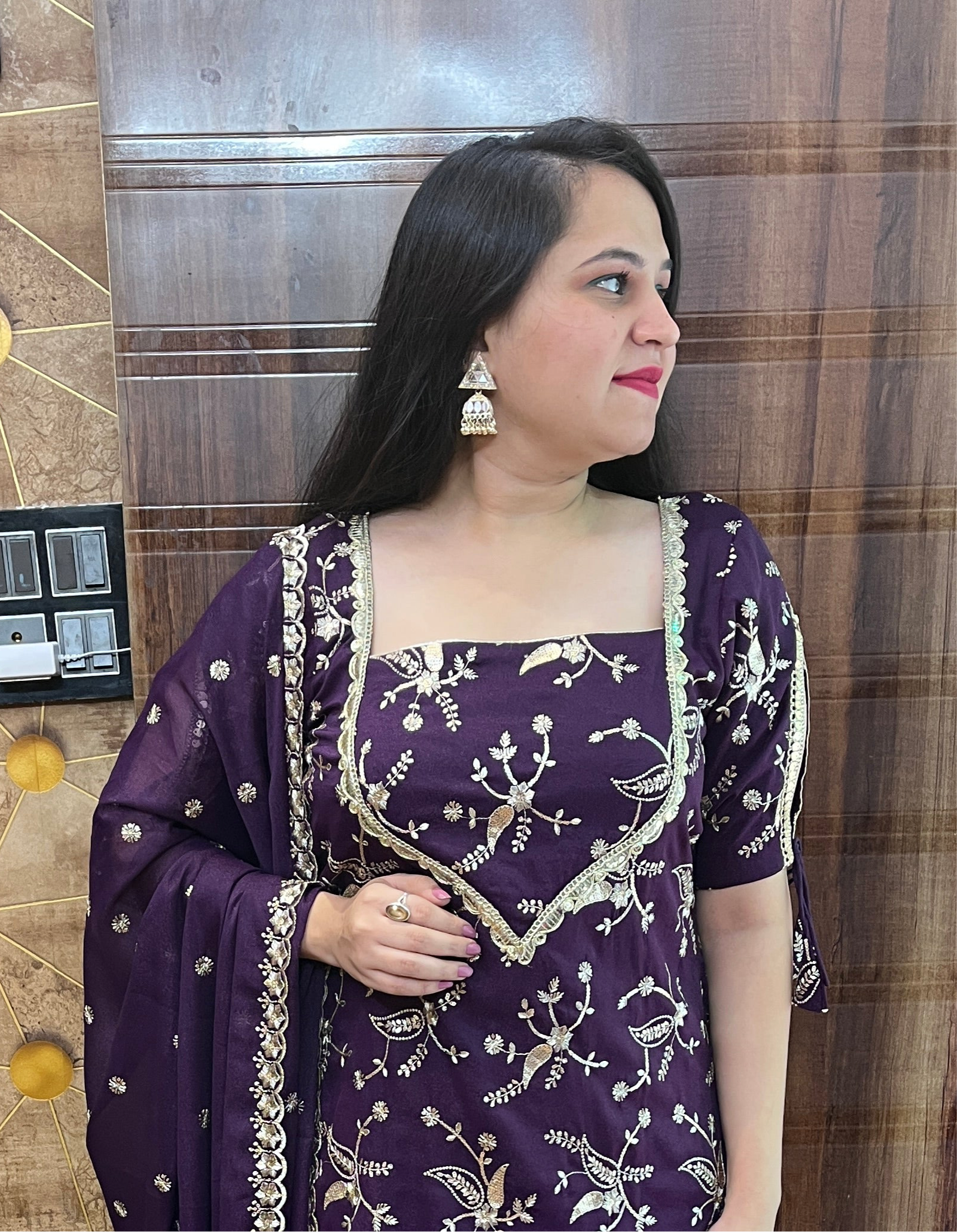 Phalsa Shimmer Georgette Embroidered Kali Sharara Suit