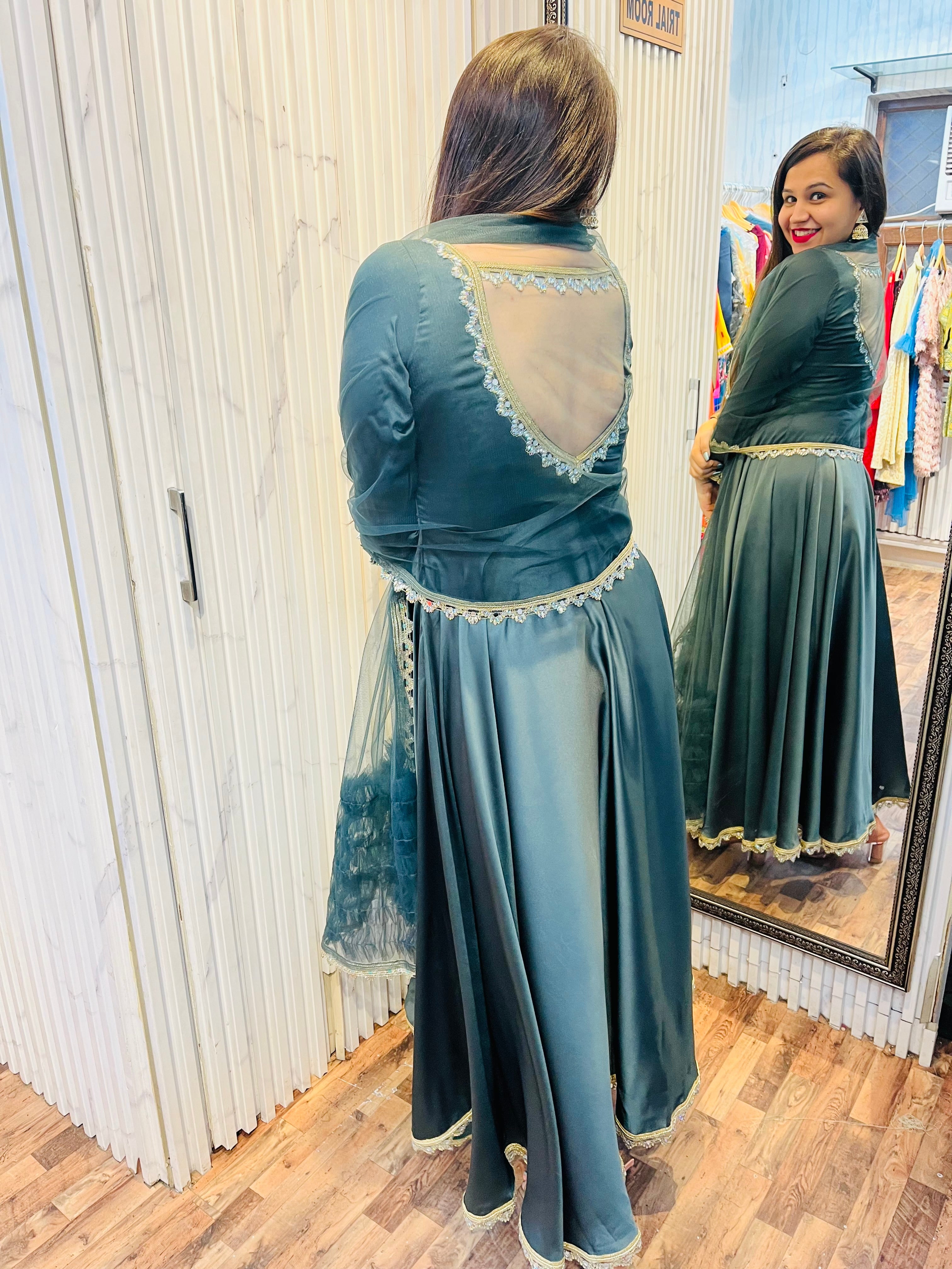 Teal Satin Angrakha Anarkali with Net Frills Dupatta