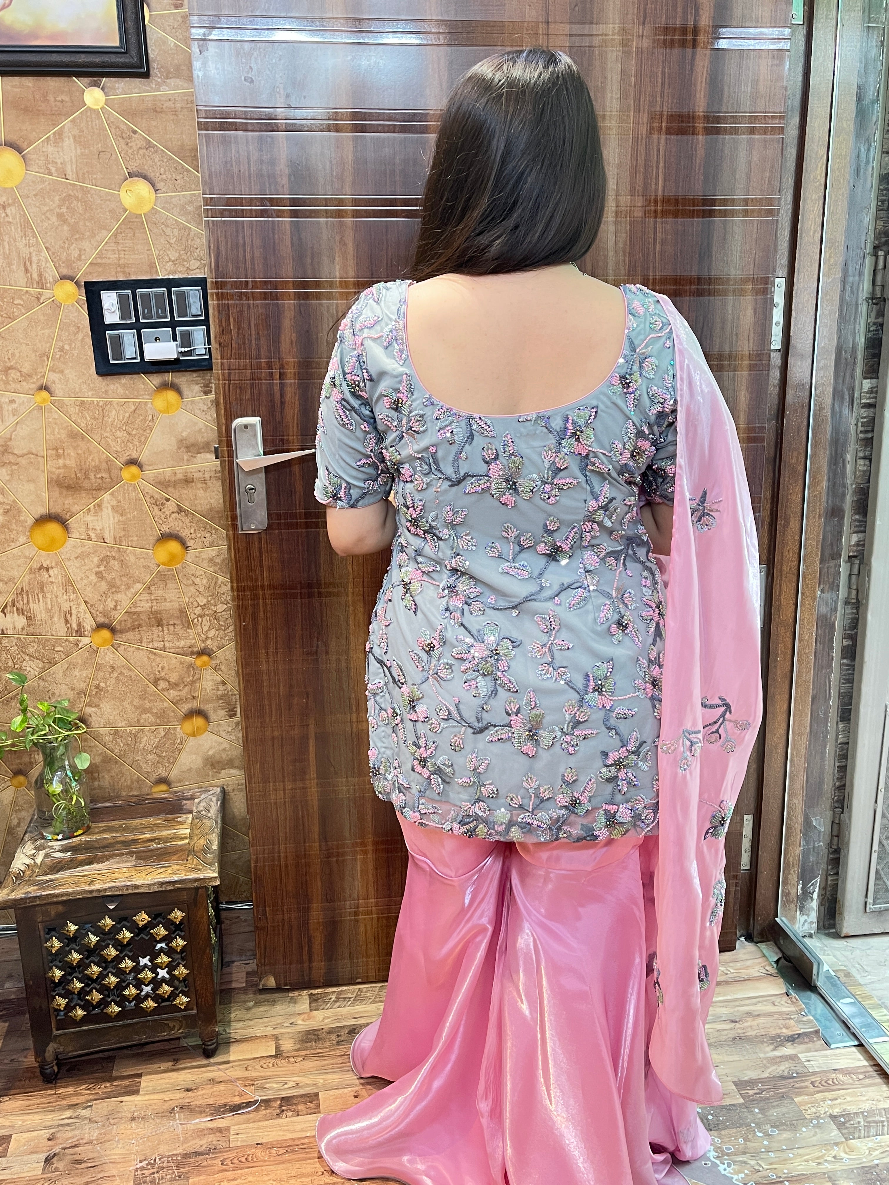 Pink Grey Hand Embroidered Gharara Suit