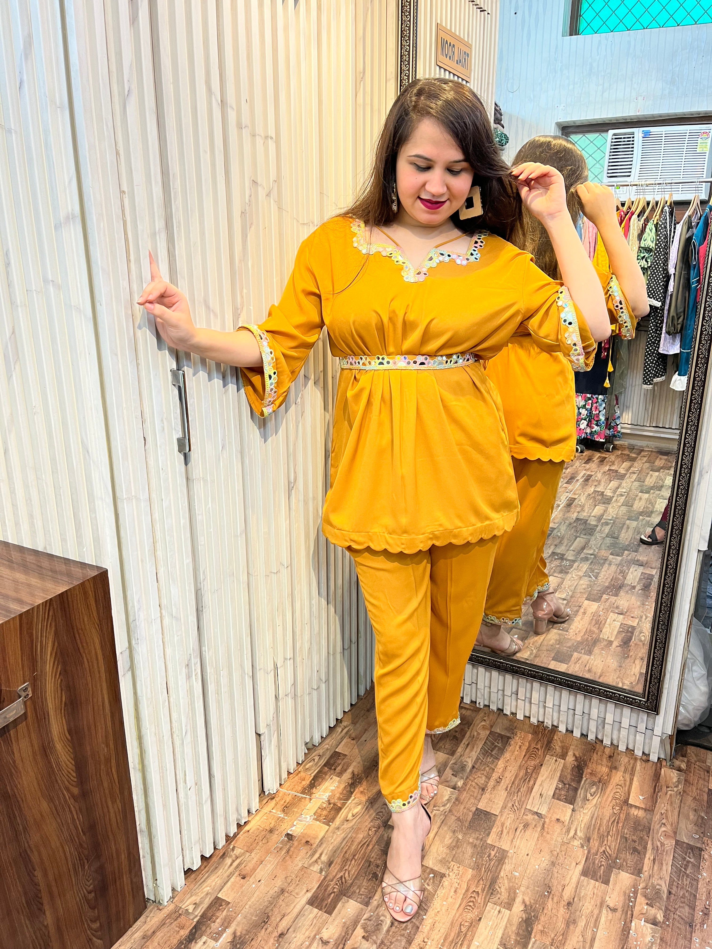 Mustard Double Georgette Waist Belt Coord