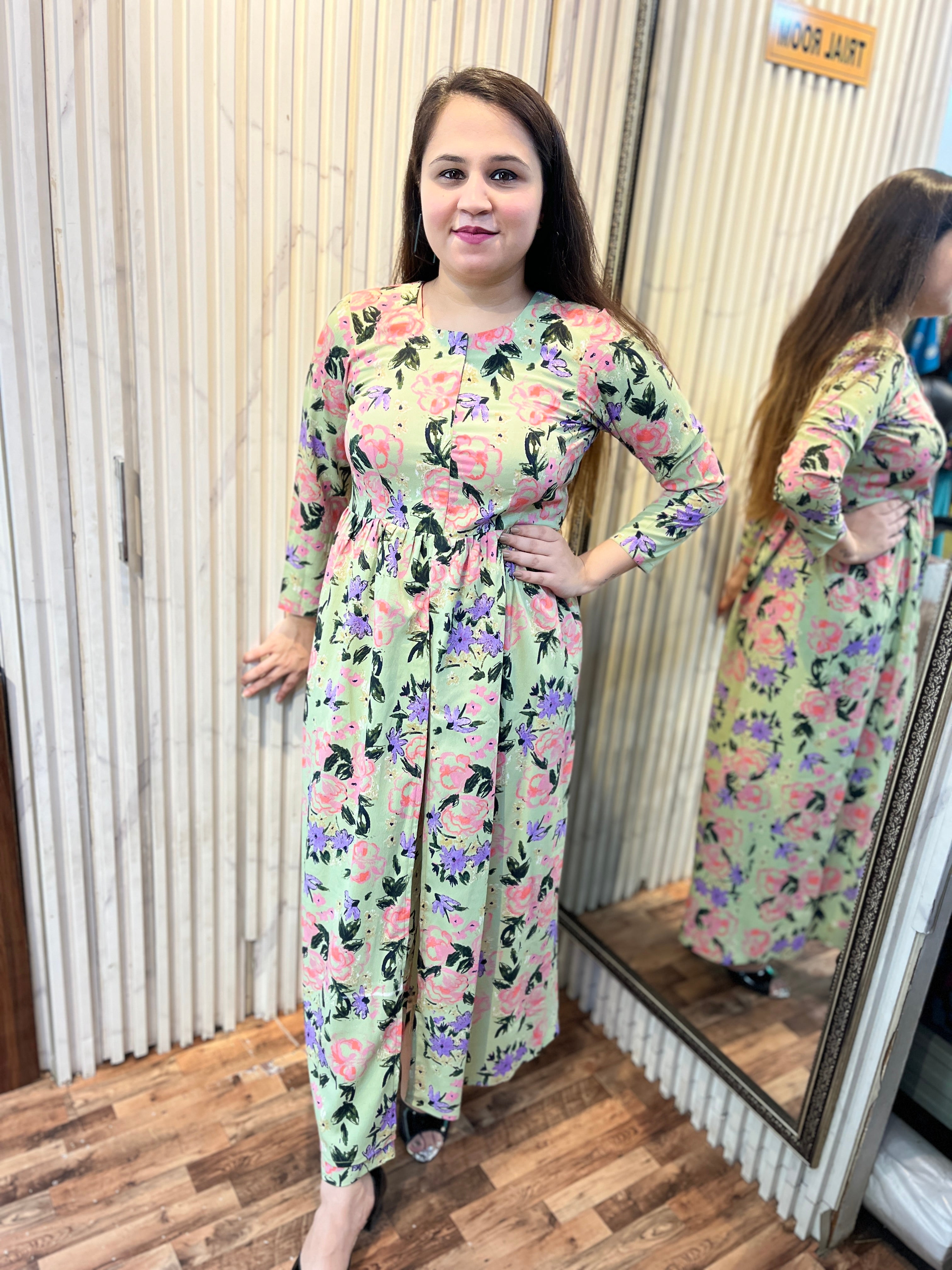 Pista Floral Print Front Slit Kurta Pants