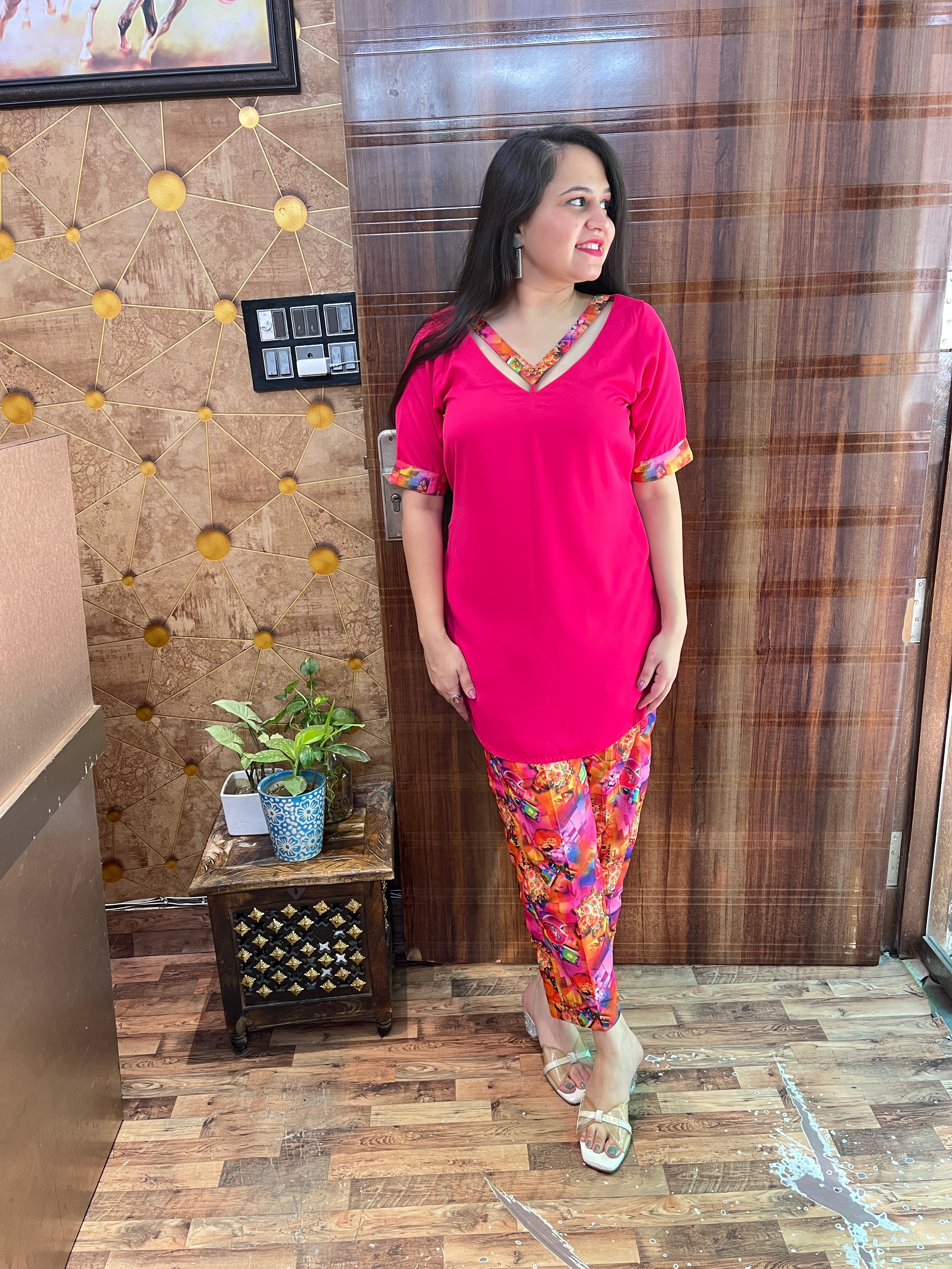 Pink Kurta Coord with Abstract Pants