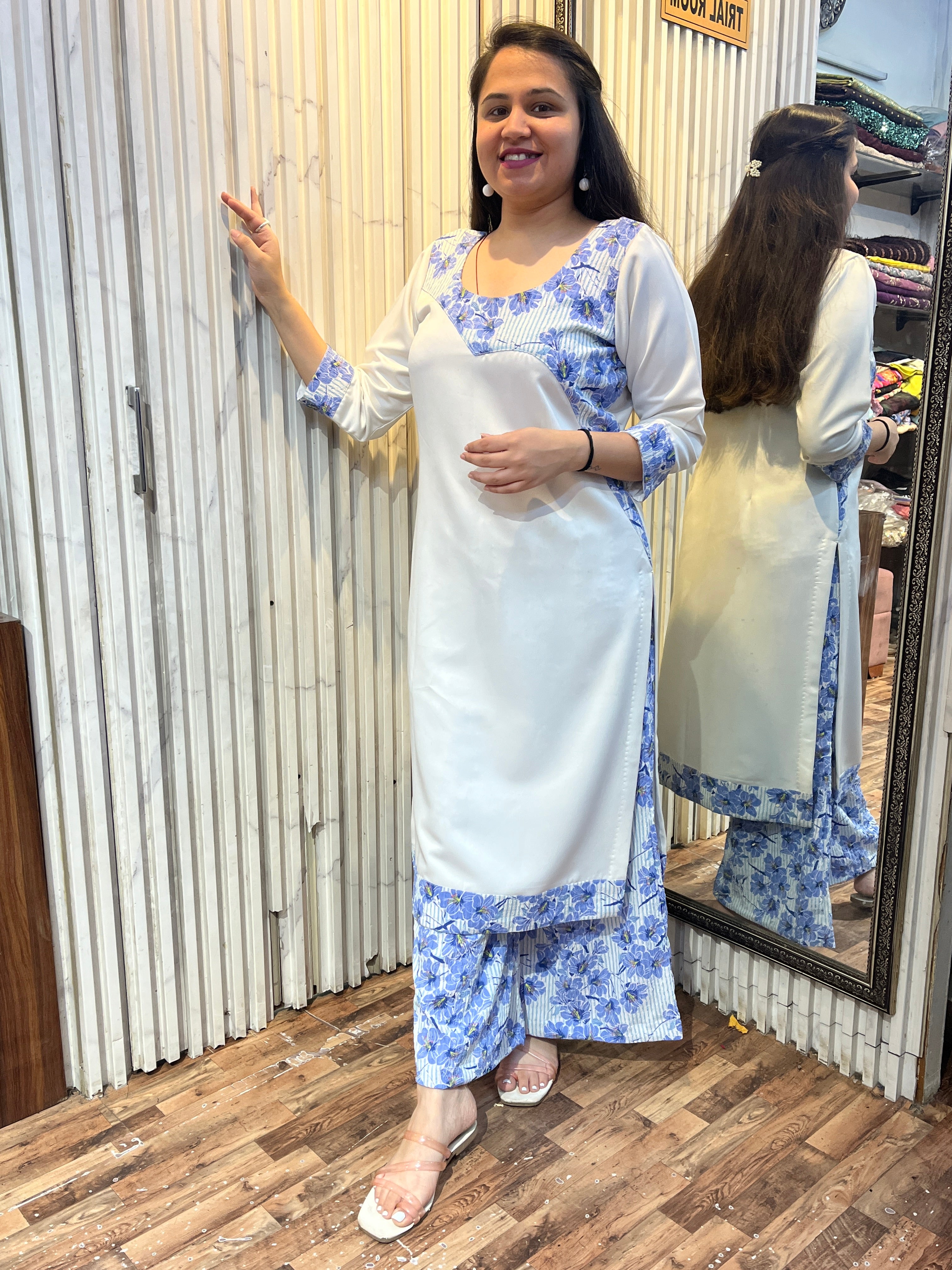 Blue Kurta Set with Printed Yoke & Palazzo