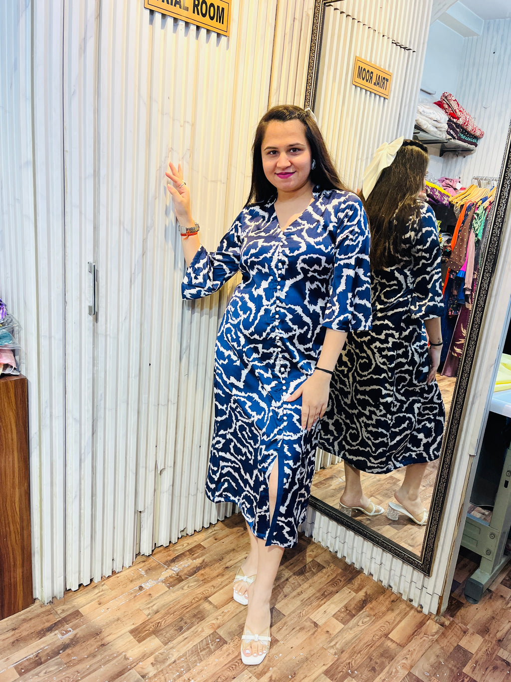 Satin Blue Animal Print Midi Dress