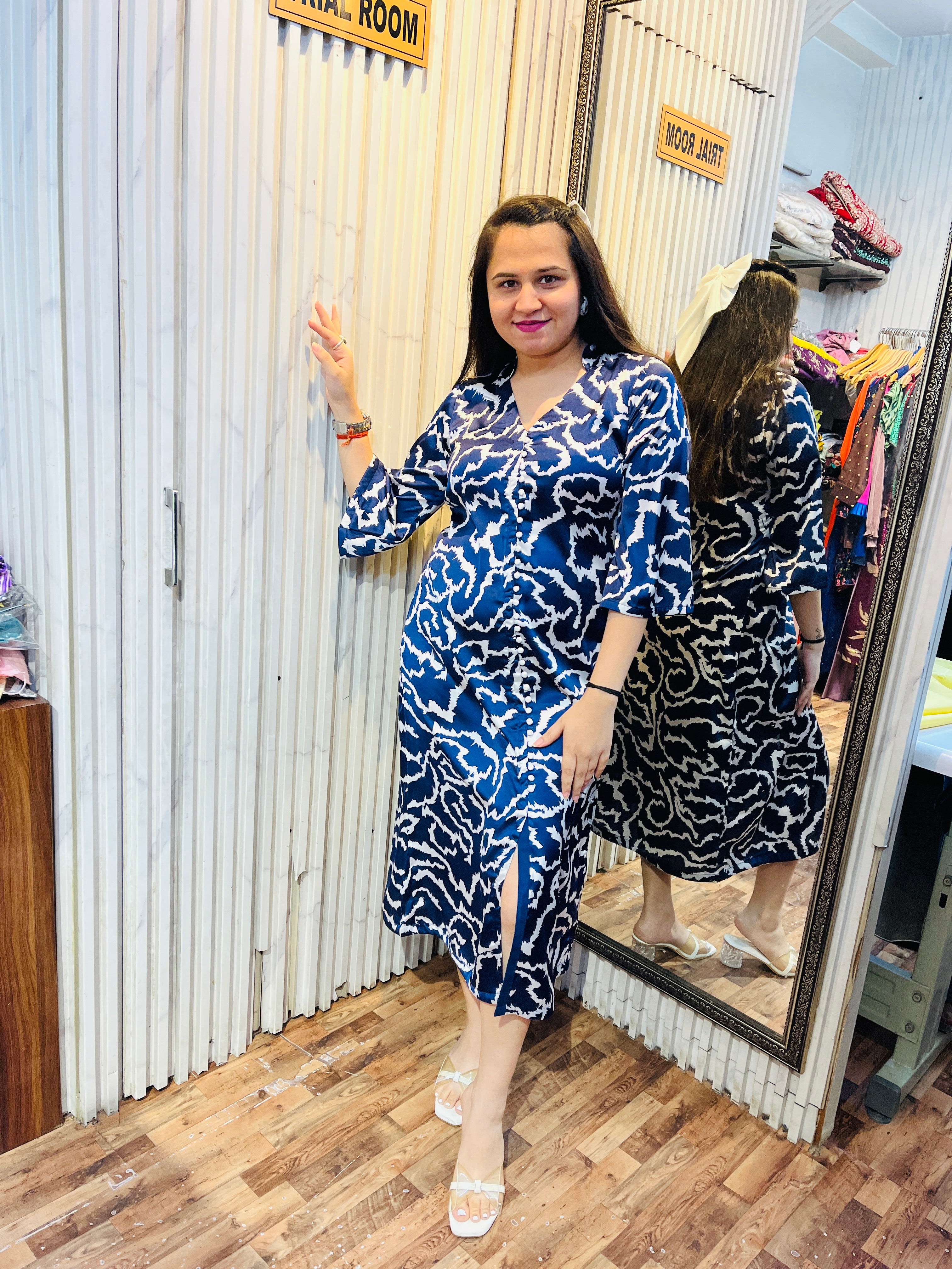 Satin Blue Animal Print Midi Dress