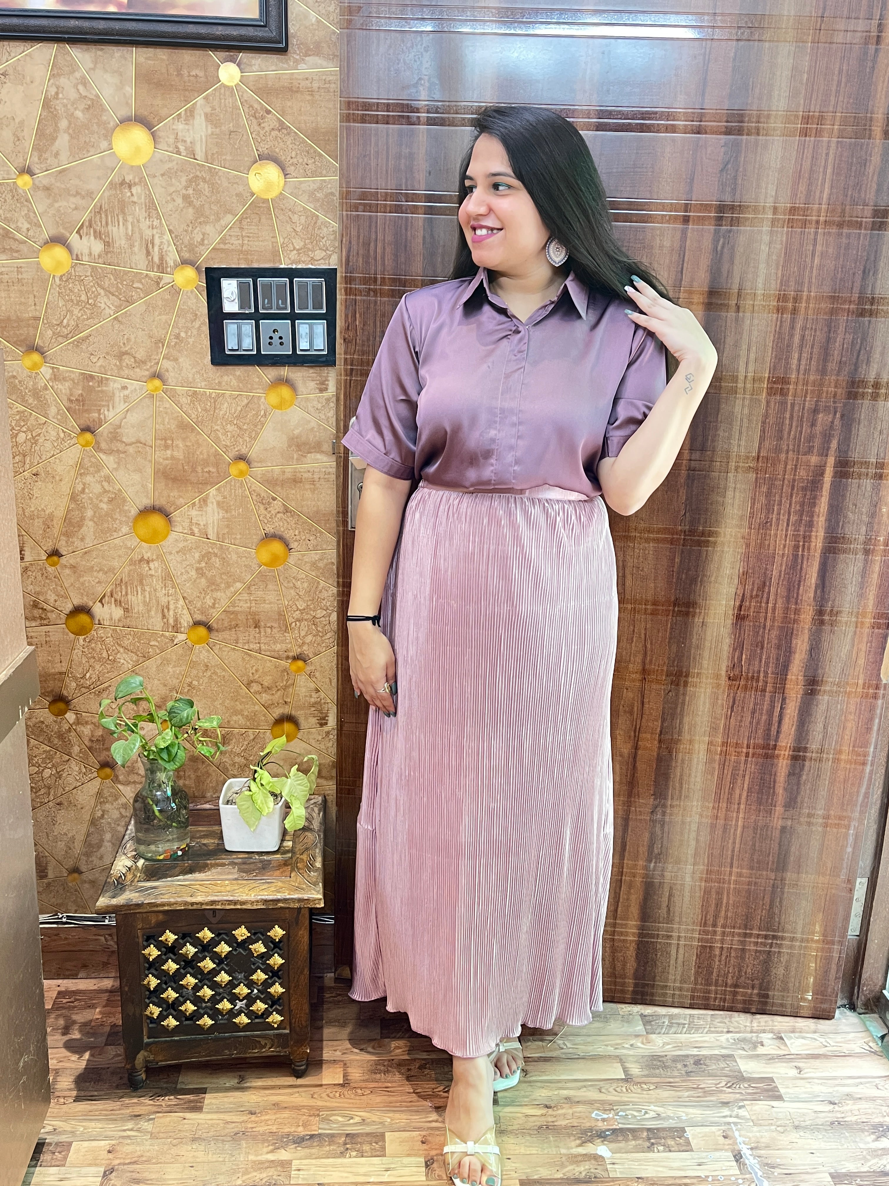 Satin Top Pleated Skirt Coord Set