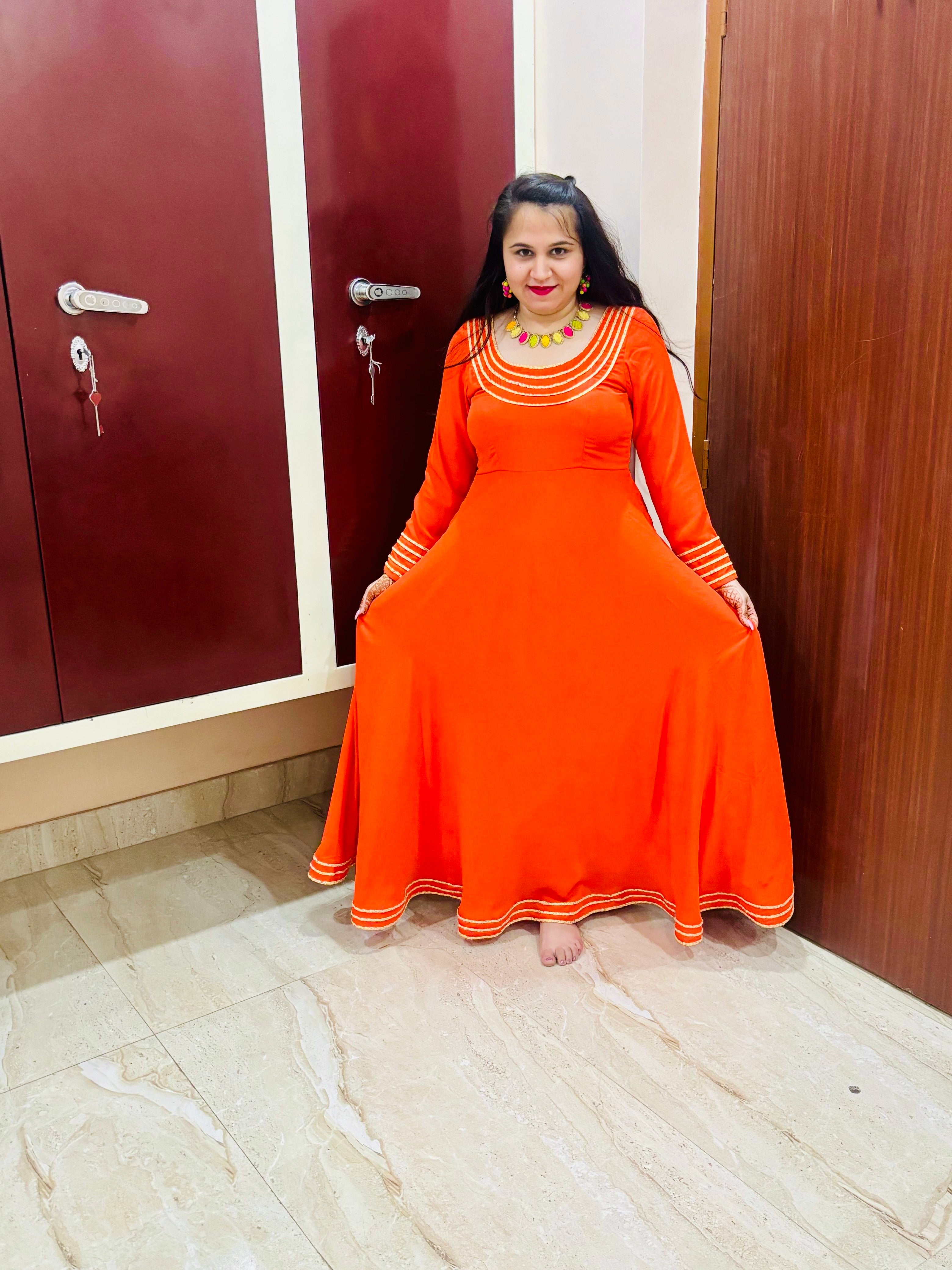 Orange Double Georgette Ethnic Maxi