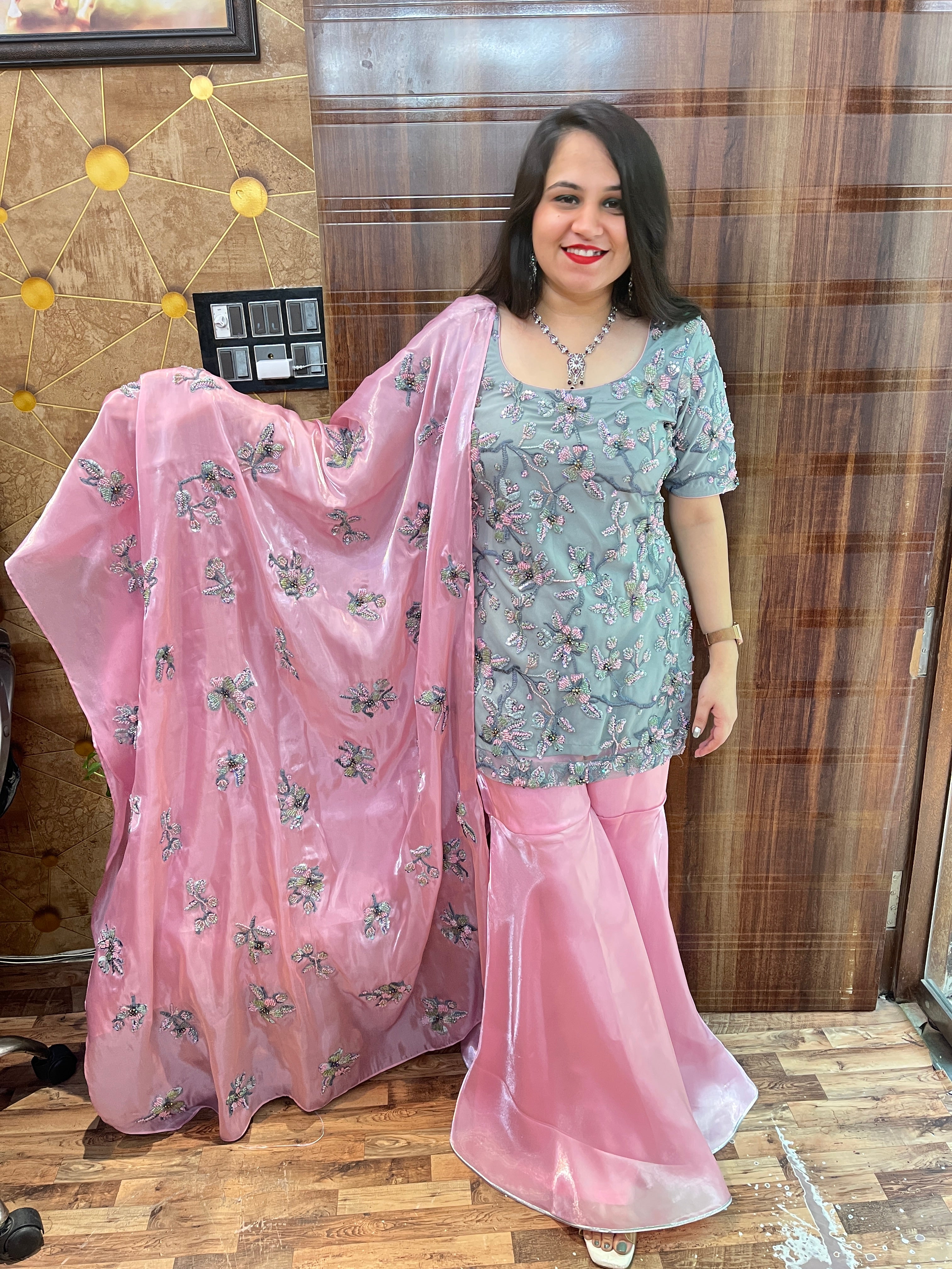 Pink Grey Hand Embroidered Gharara Suit